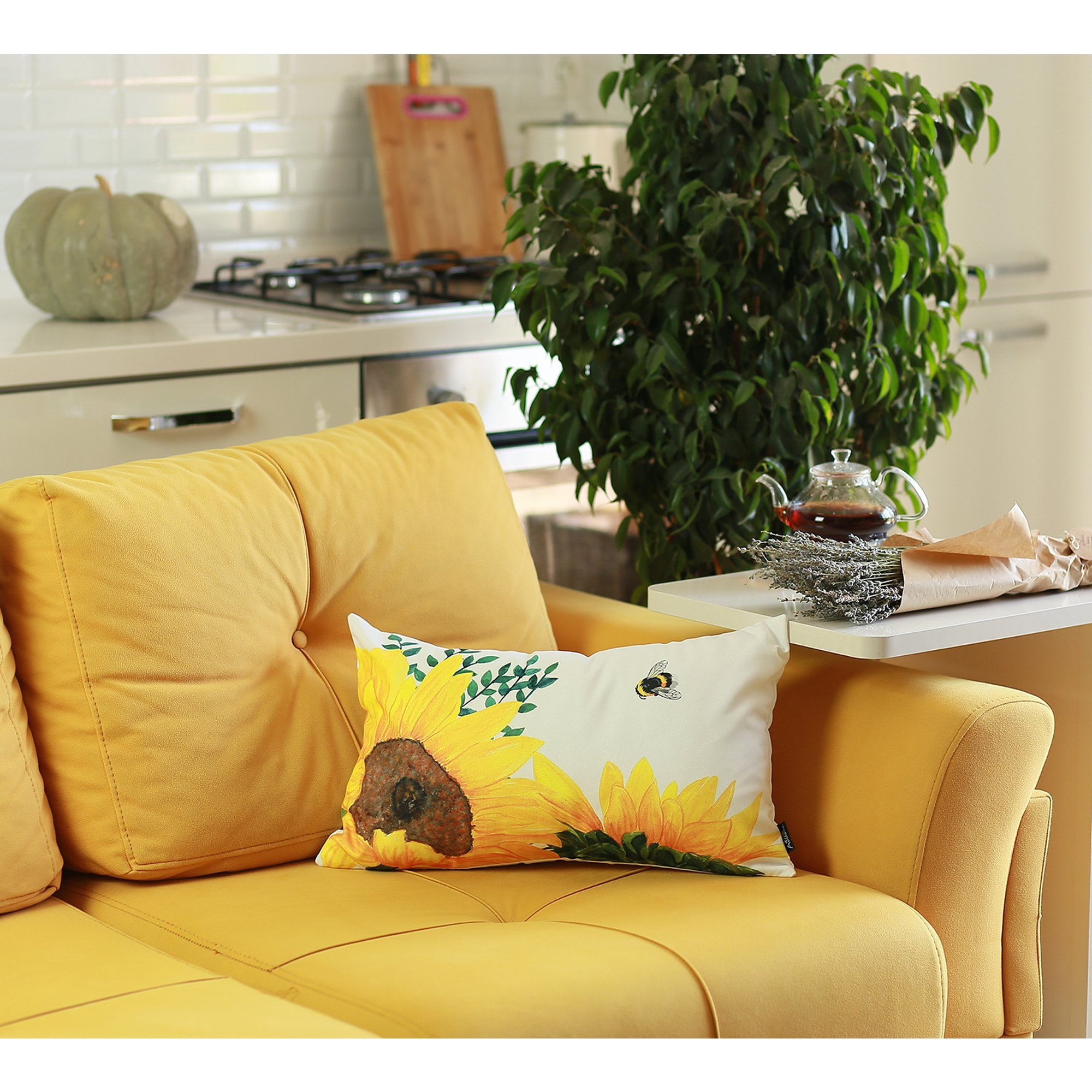 Set of 2 lumbar pillow covers featuring cheerful sunflowers and bumble bees in vibrant yellow and green colors.