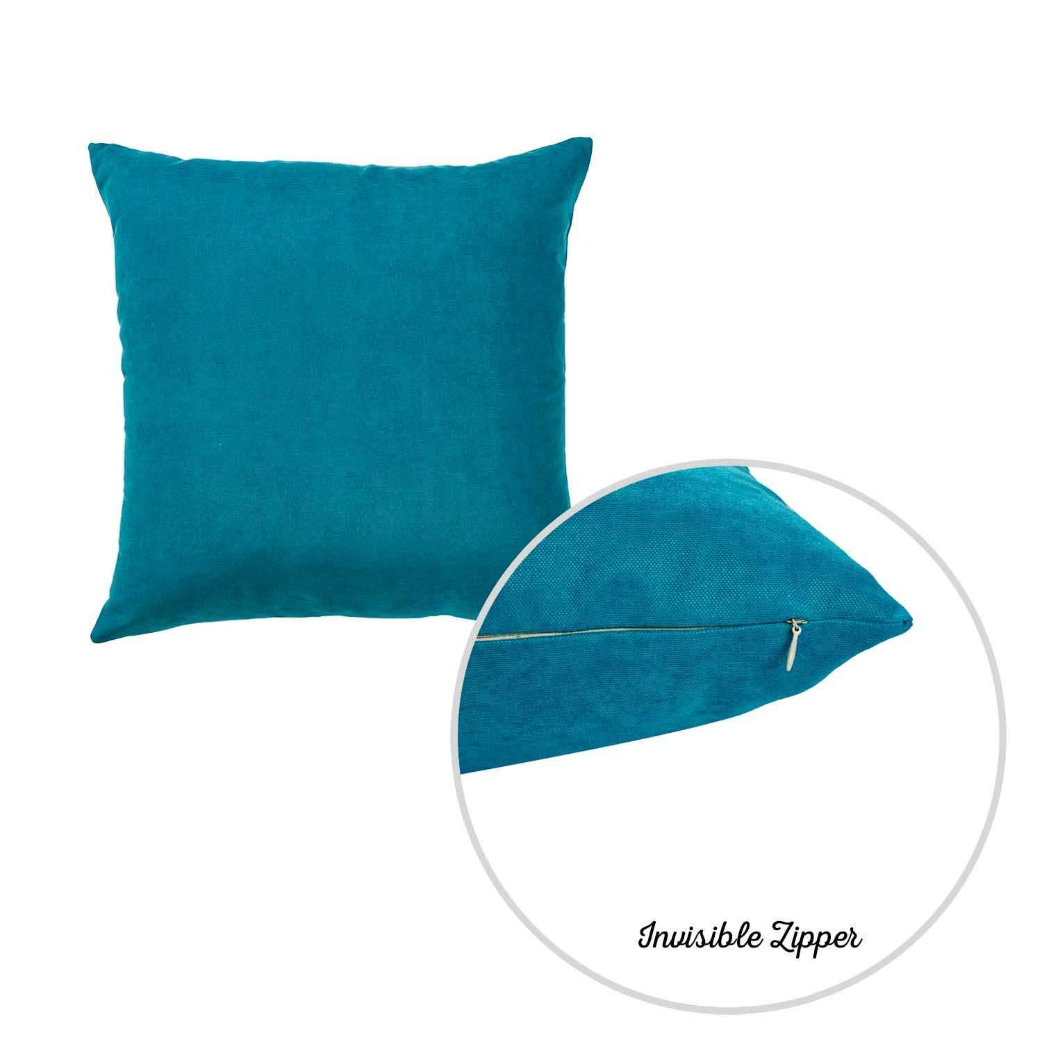 Set of 2 teal blue decorative throw pillow covers made from brushed twill fabric, featuring a hidden zipper closure for a seamless look.