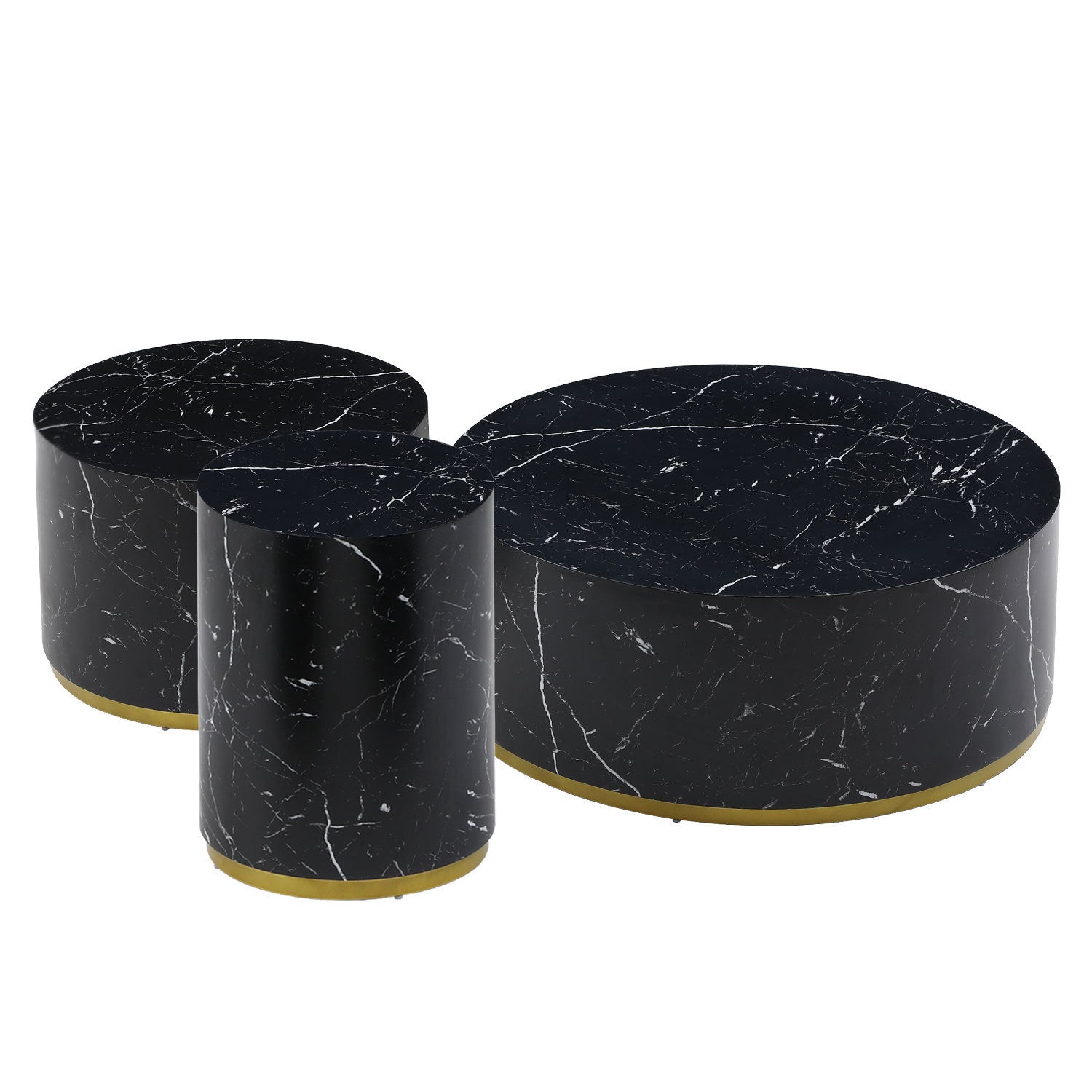 Set of 3 round coffee tables featuring a black marble pattern, showcasing elegant design and sturdy MDF construction.