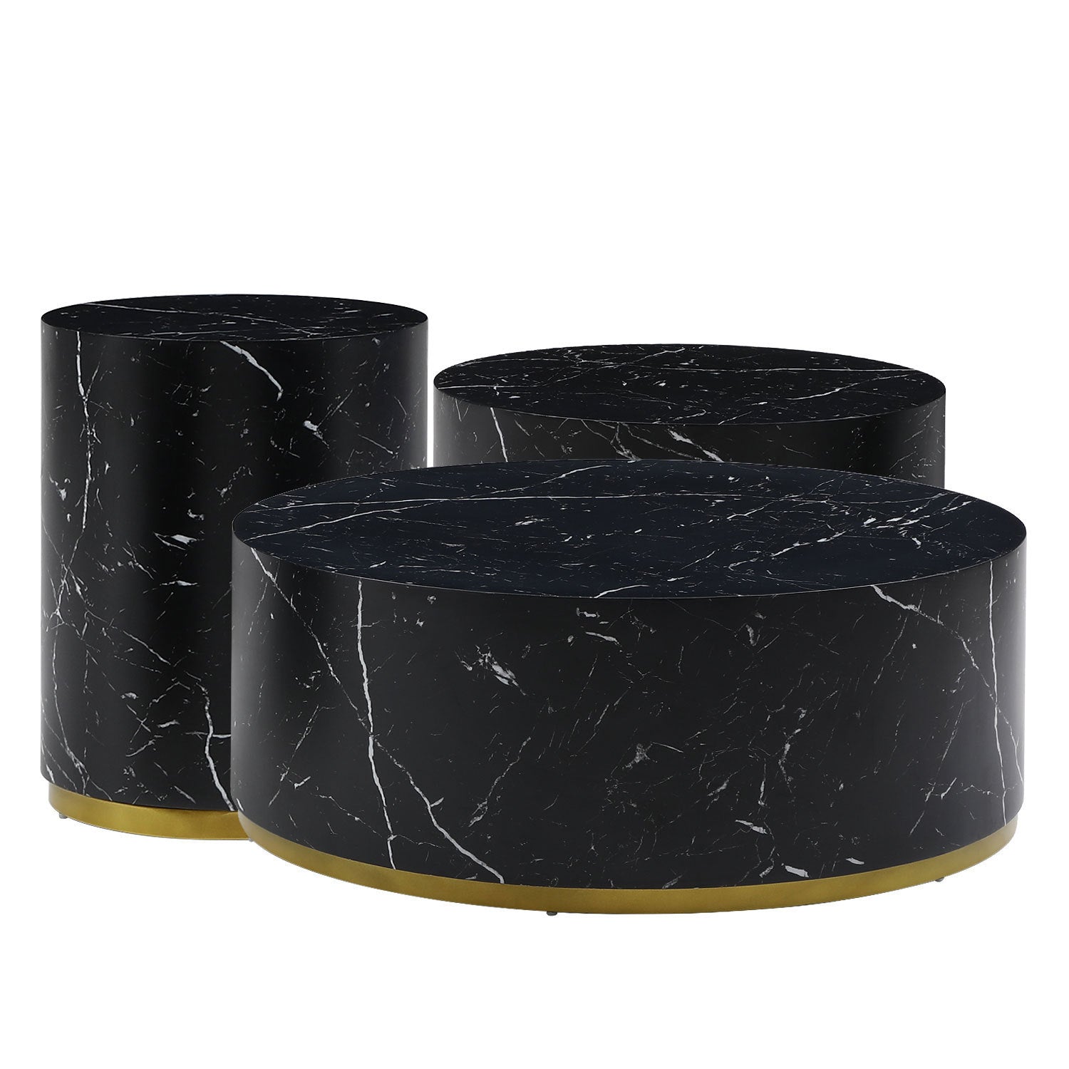 Set of 3 round coffee tables featuring a black marble pattern, showcasing elegant design and sturdy MDF construction.