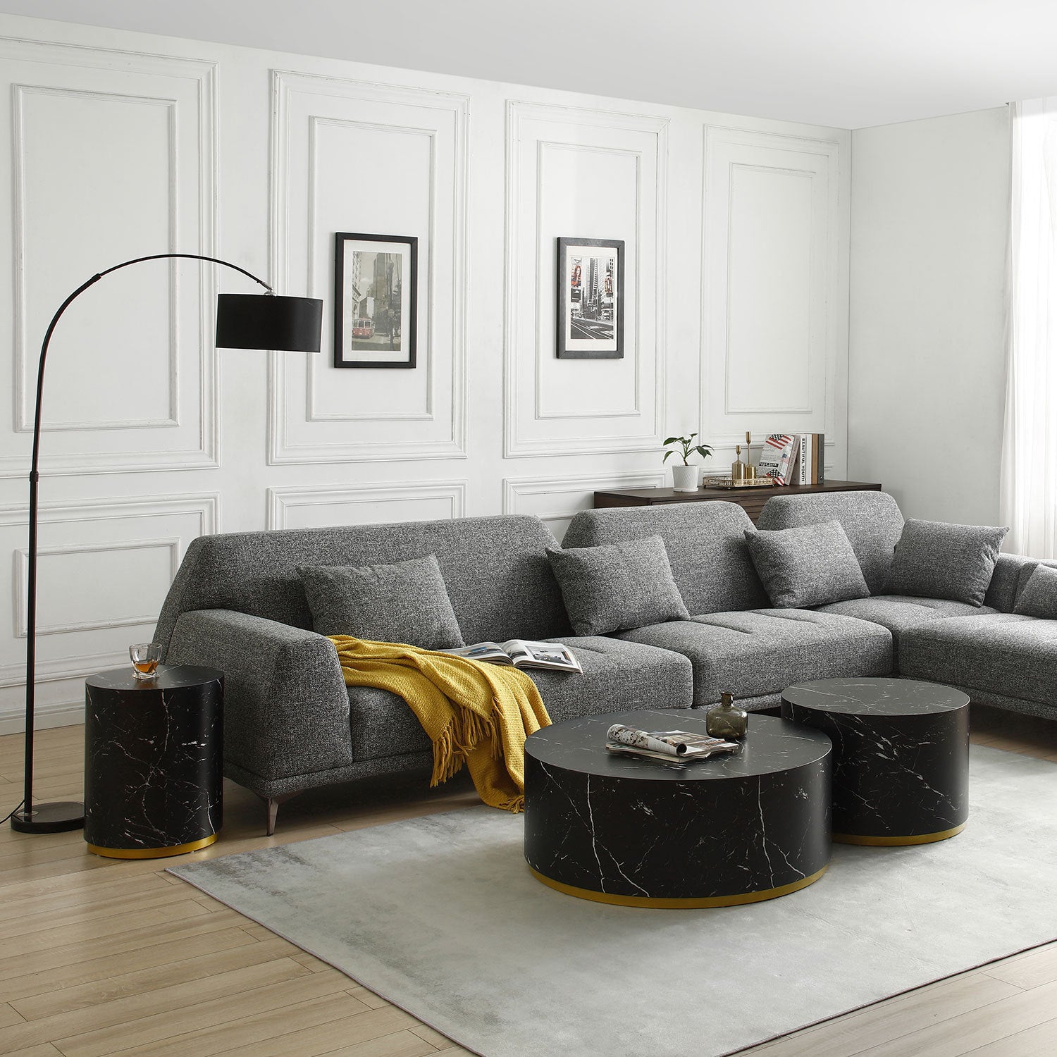 Set of 3 round coffee tables featuring a black marble pattern, showcasing elegant design and sturdy MDF construction.