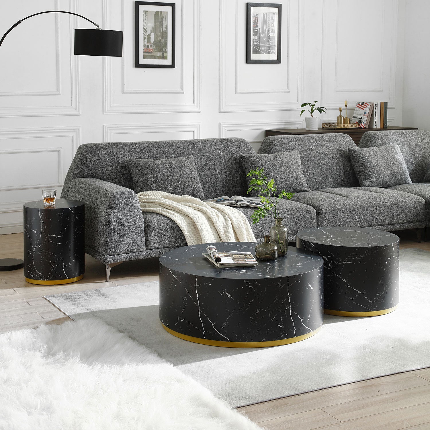Set of 3 round coffee tables featuring a black marble pattern, showcasing elegant design and sturdy MDF construction.