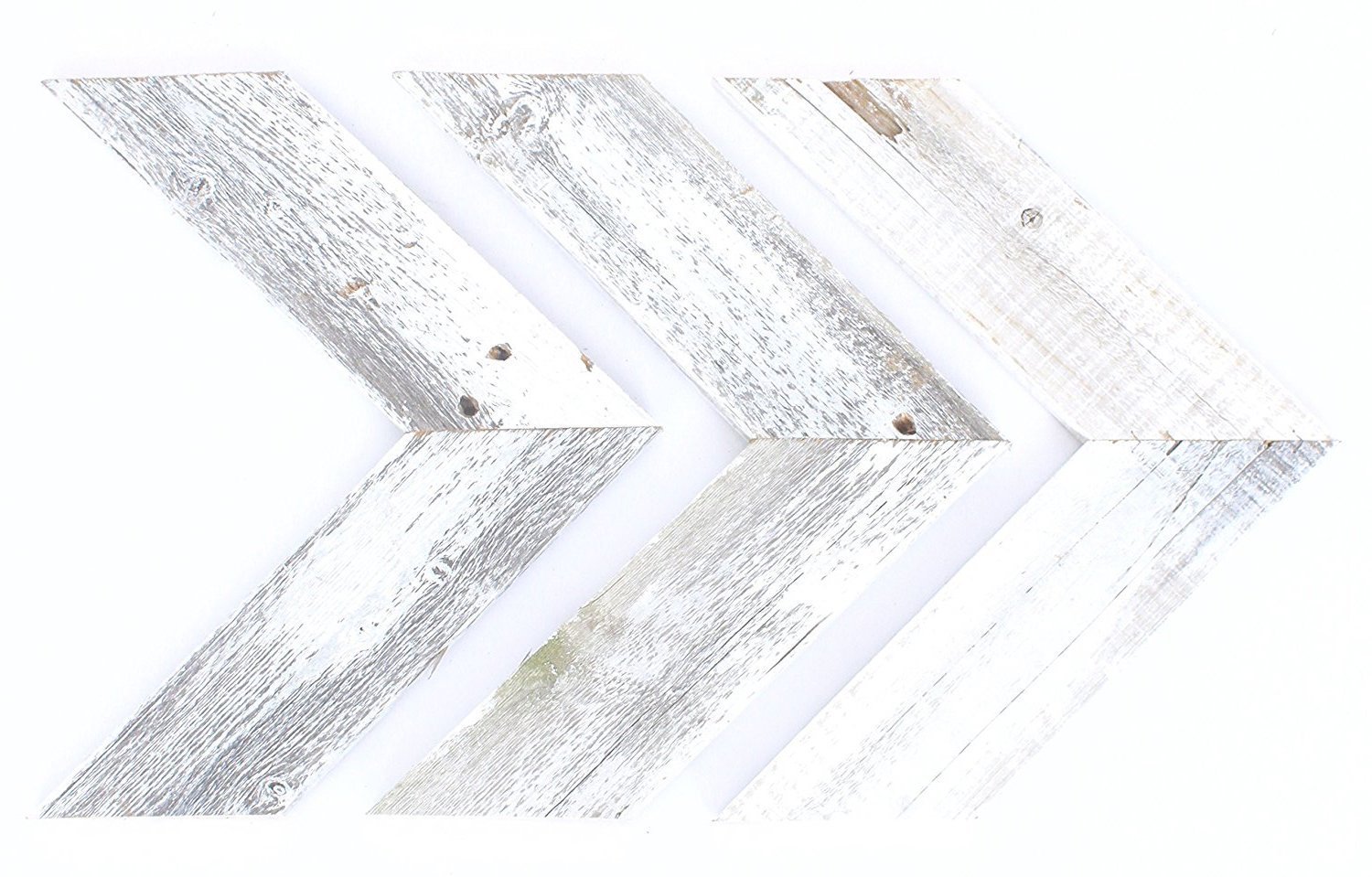 Set of 3 White Wash Reclaimed Wood Chevron Arrows, showcasing rustic design and eco-friendly craftsmanship.