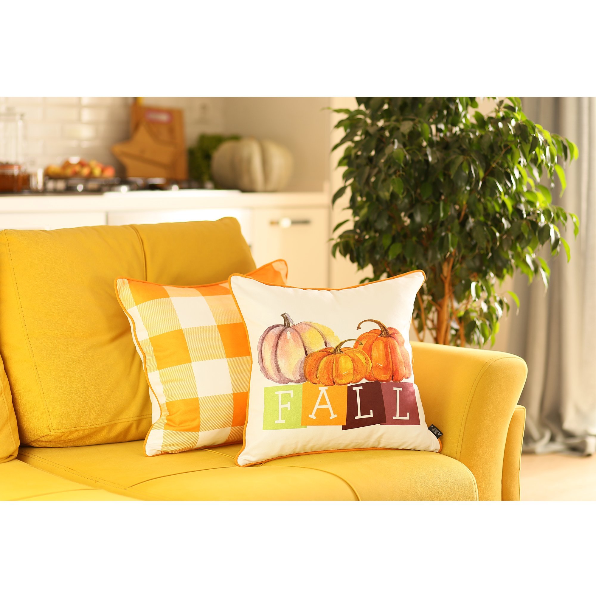 Set of 4 multicolor 18-inch Fall Season Pumpkin Throw Pillow Covers featuring vibrant pumpkin designs on soft brushed polyester fabric.