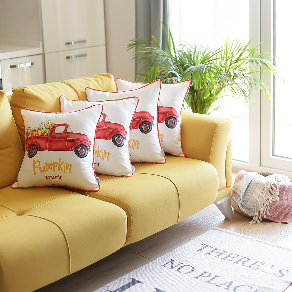 Set of 4 multicolor 18-inch pumpkin truck throw pillow covers, featuring a charming farmhouse design with vibrant colors.