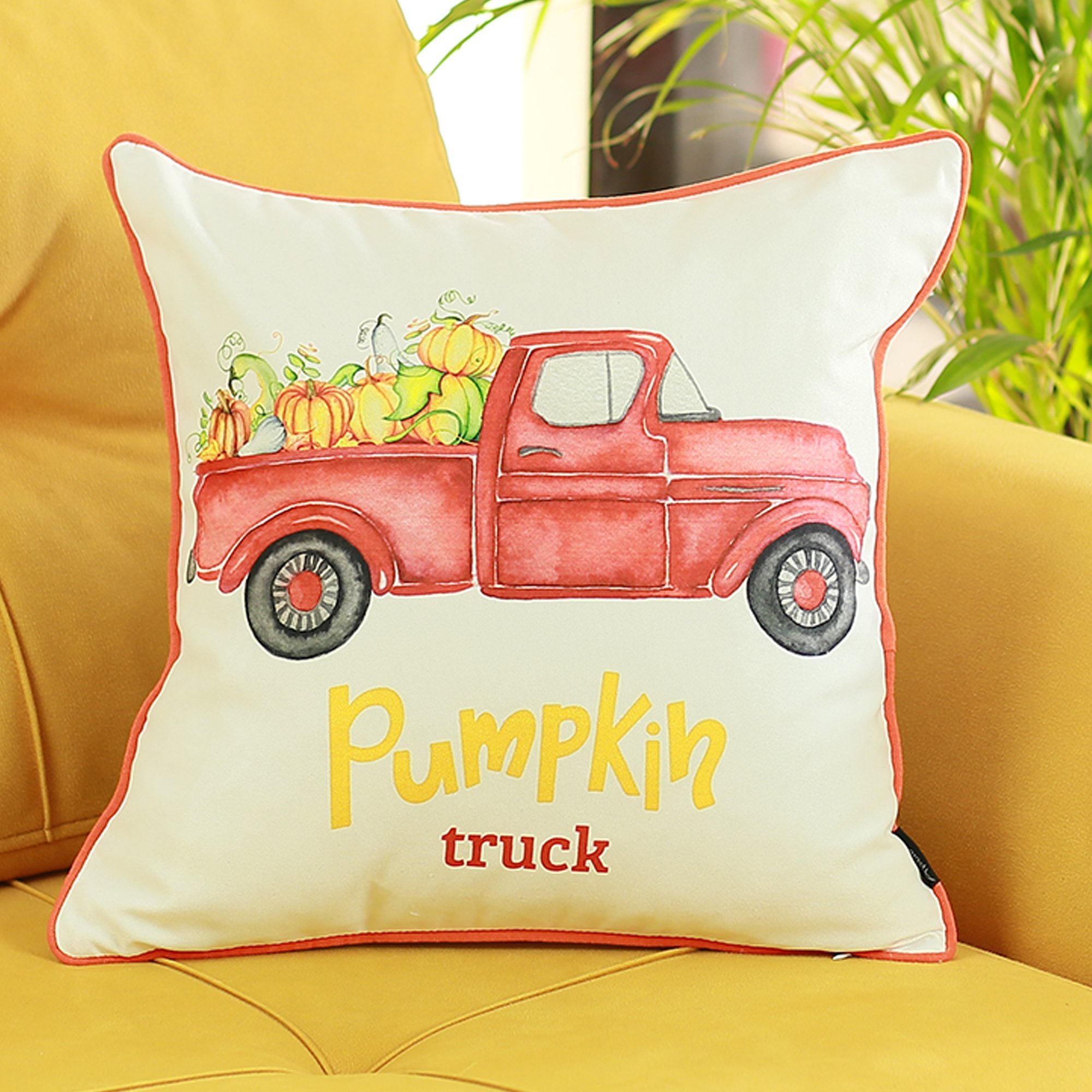 Set of 4 multicolor 18-inch pumpkin truck throw pillow covers, featuring a charming farmhouse design with vibrant colors.