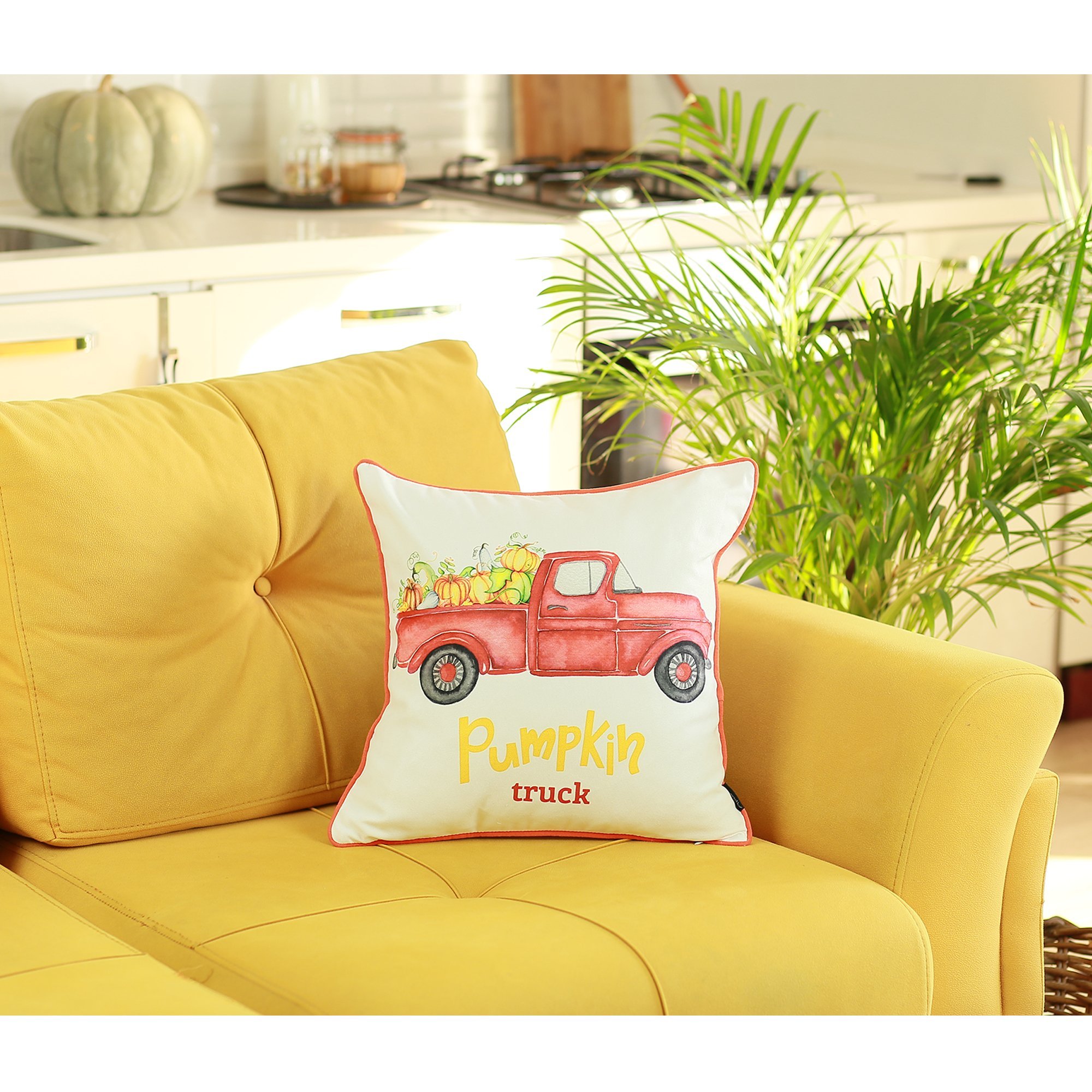 Set of 4 multicolor 18-inch pumpkin truck throw pillow covers, featuring a charming farmhouse design with vibrant colors.