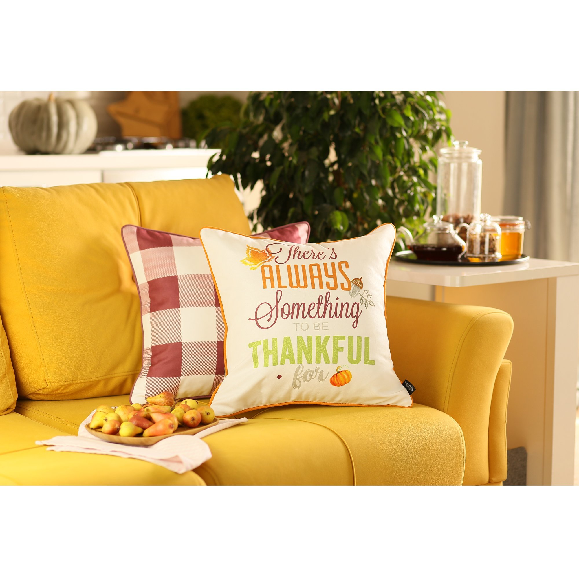 Set of 4 18-inch Thanksgiving Gingham Throw Pillow Covers featuring a charming multicolor design, perfect for farmhouse decor.