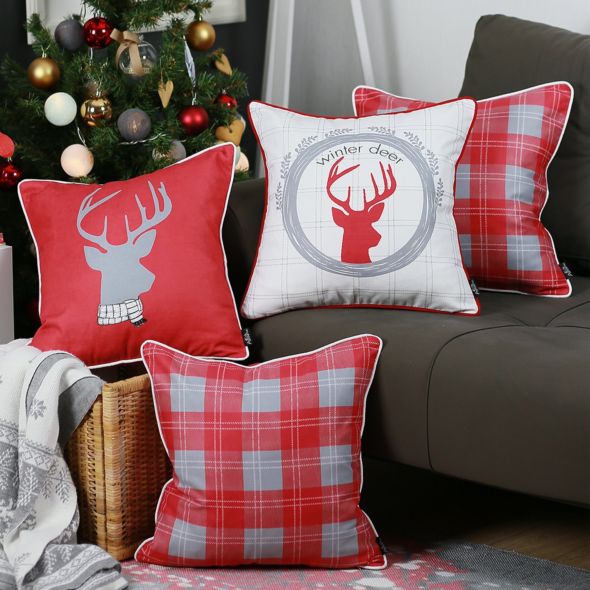 Set of 4 multicolor winter deer throw pillow covers, showcasing a vibrant design on soft brushed polyester fabric.