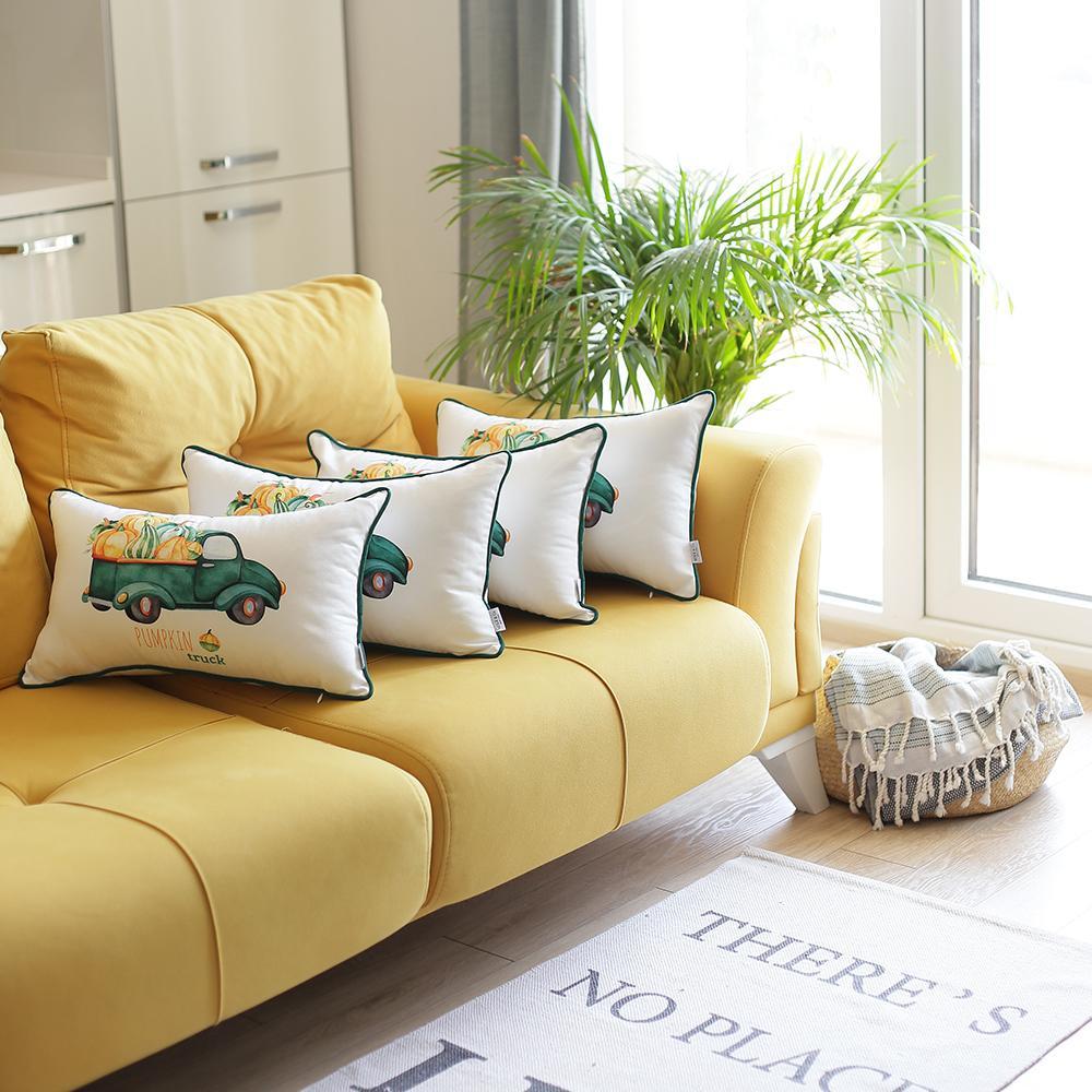 Set of 4 multicolor pumpkin truck lumbar pillow covers, showcasing a charming farmhouse design with soft brushed polyester fabric.