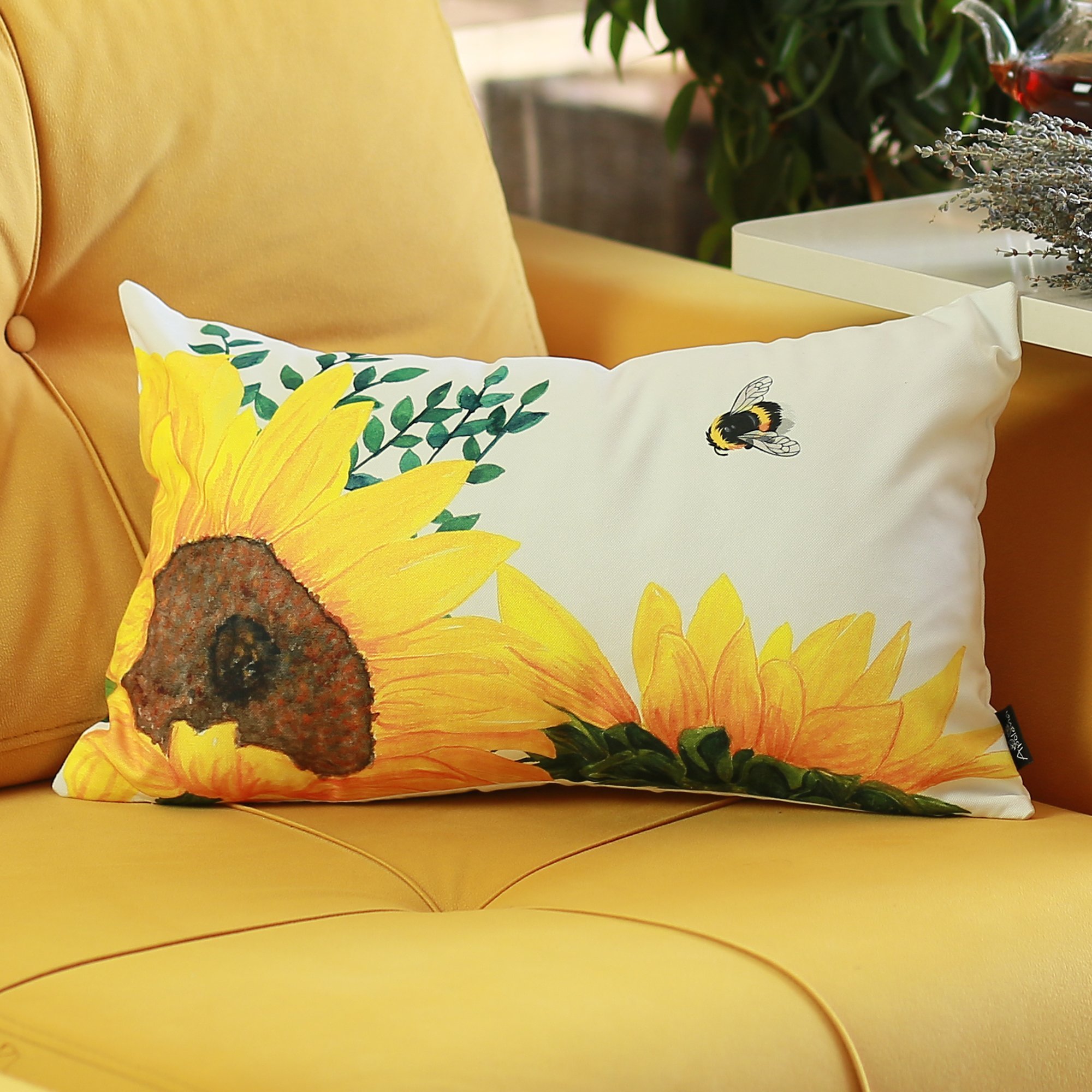 Set of 4 multicolor sunflower and bee lumbar pillow covers, showcasing vibrant floral patterns on soft brushed polyester fabric.