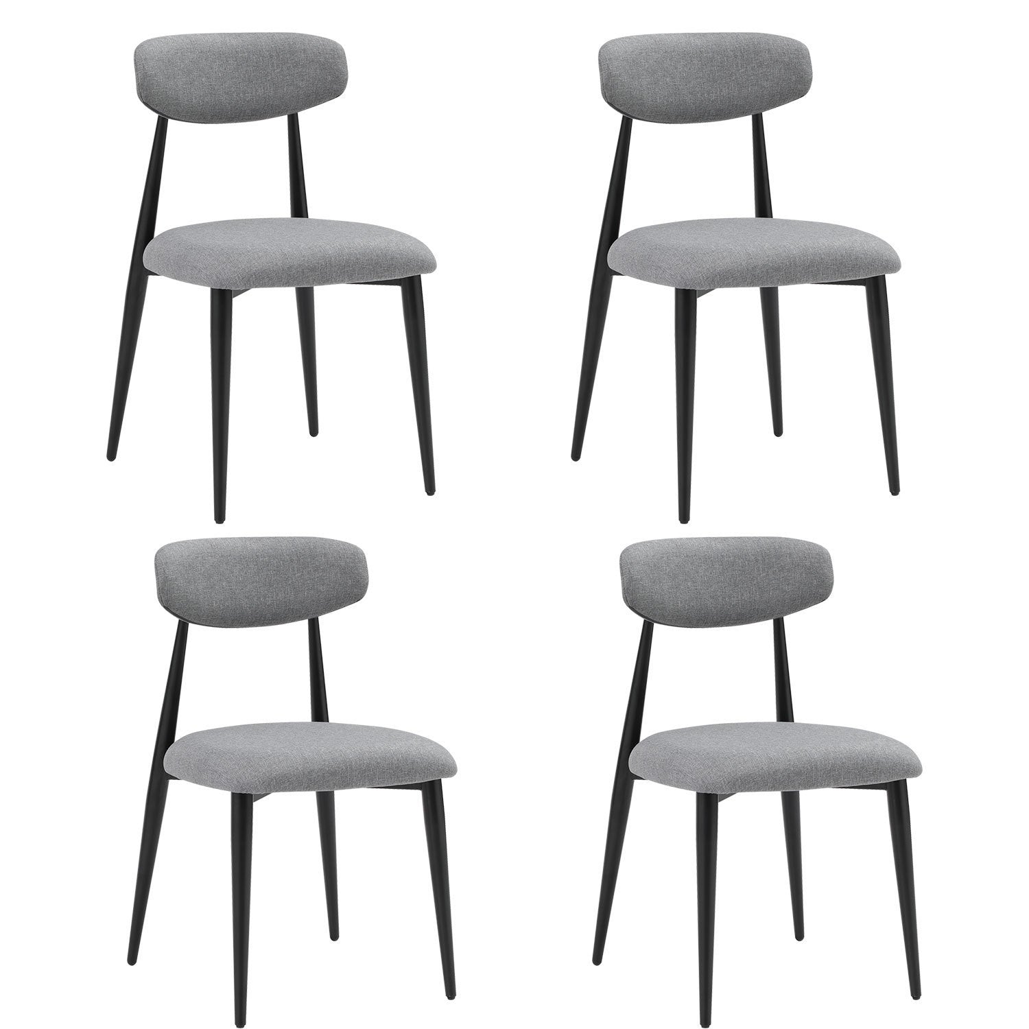 Set of 4 modern dining chairs with curved backrests and gray upholstery, featuring a sturdy black metal frame.