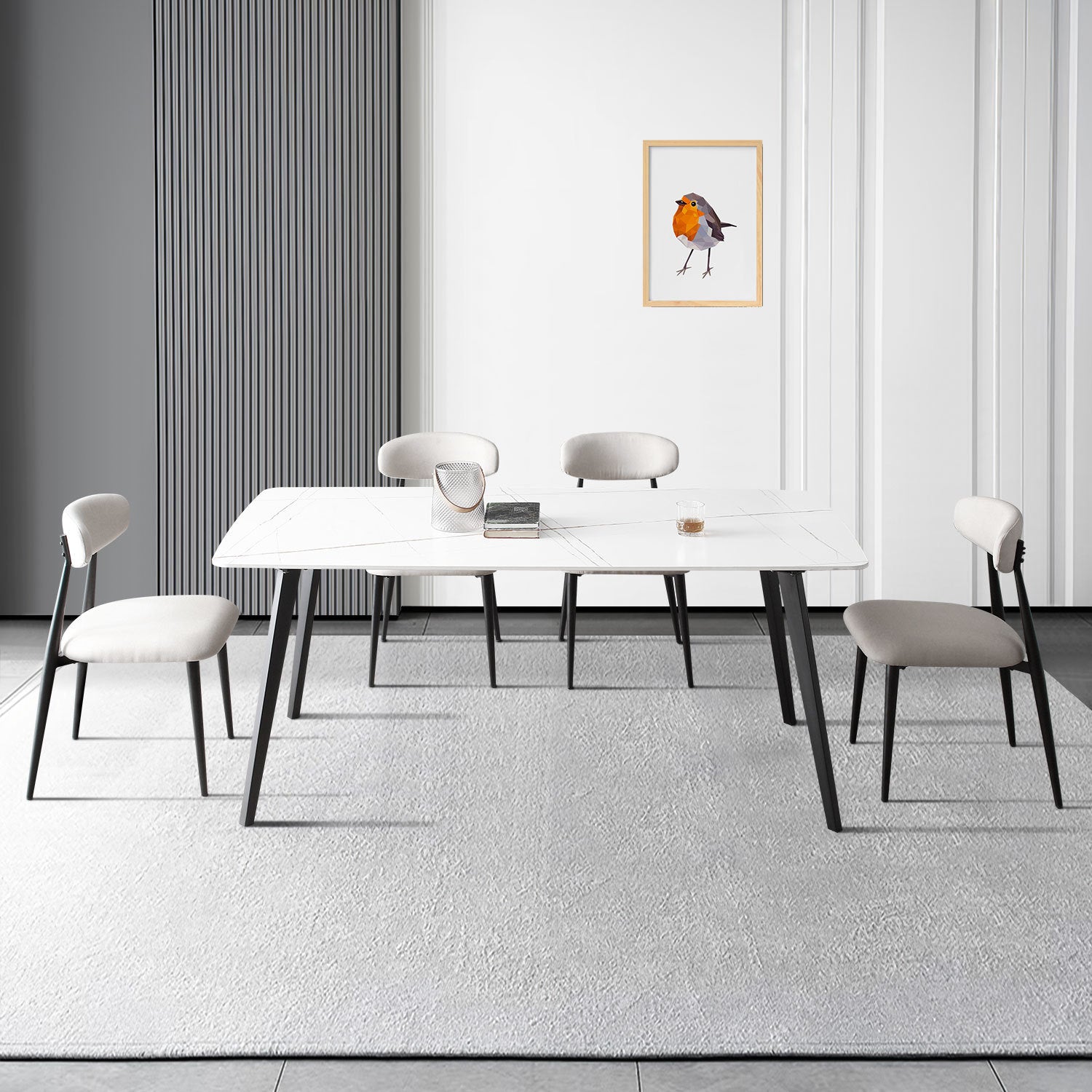 Set of 6 modern upholstered dining chairs with light grey fabric and sturdy black metal legs, designed for comfort and style.