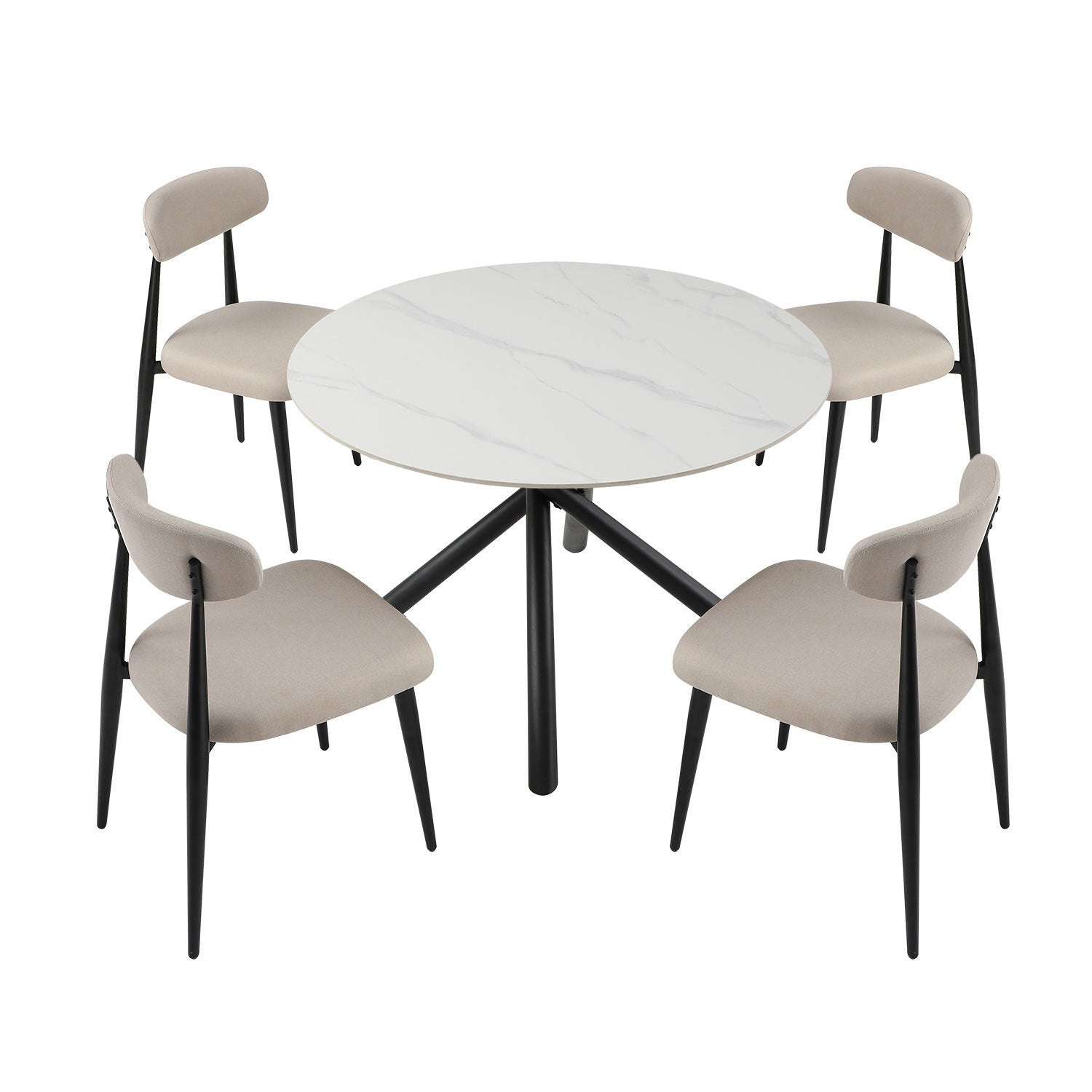 Set of 6 modern upholstered dining chairs with light grey fabric and sturdy black metal legs, designed for comfort and style.