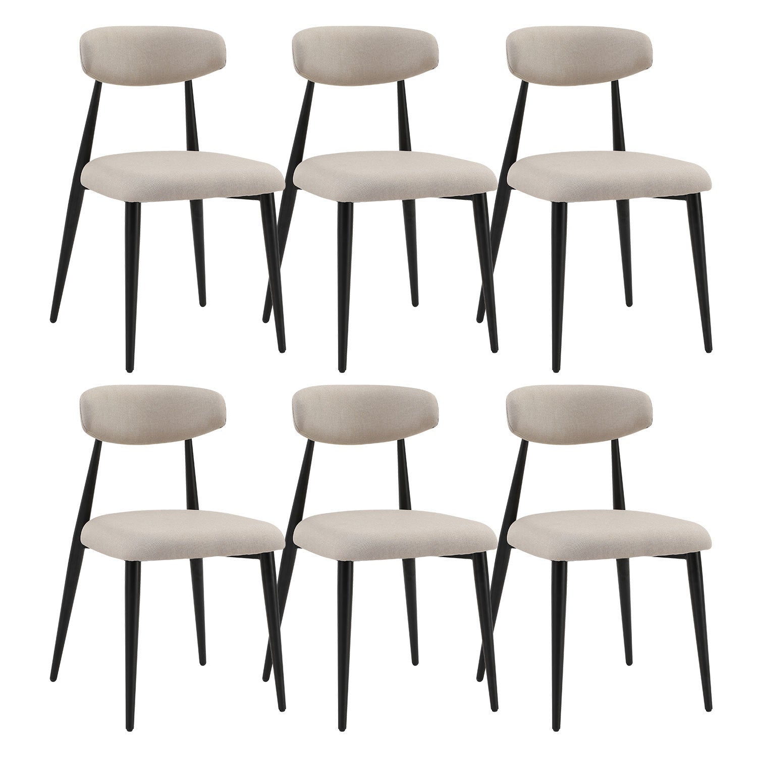 Set of 6 modern upholstered dining chairs with light grey fabric and sturdy black metal legs, designed for comfort and style.