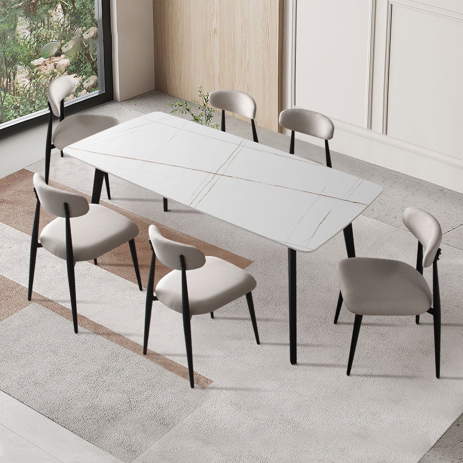 Set of 6 modern upholstered dining chairs with light grey fabric and sturdy black metal legs, designed for comfort and style.