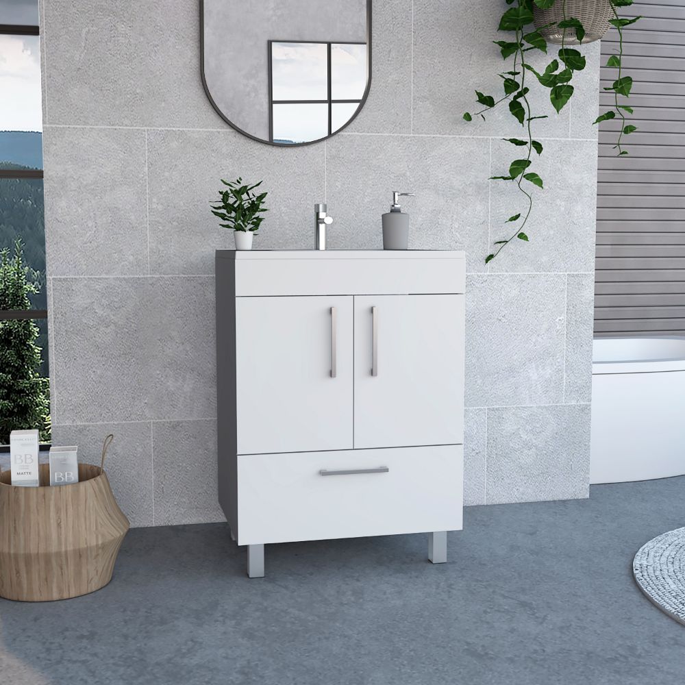 Mayorca Single Bathroom Vanity in white with double door cabinet and one drawer, showcasing contemporary design and metallic accents.