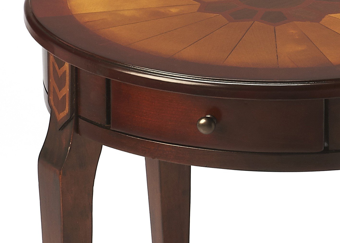 Single drawer side table with cherry top and antique brass knob, showcasing elegant veneer inlay design.