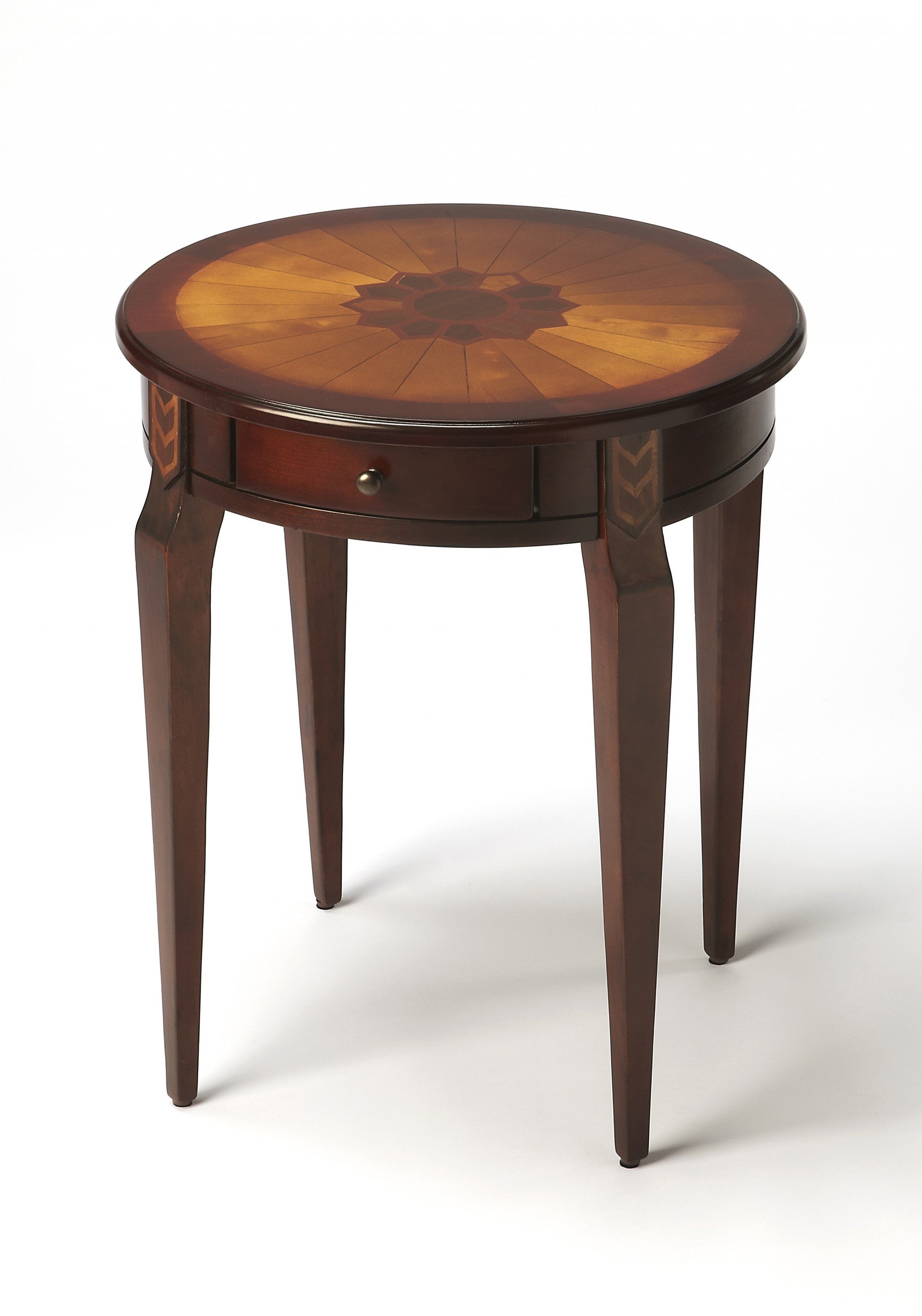 Single drawer side table with cherry top and antique brass knob, showcasing elegant veneer inlay design.