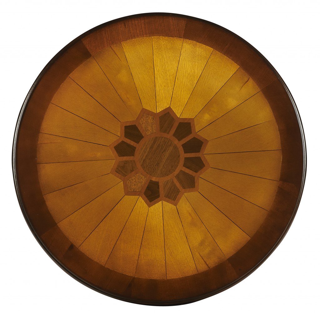 Single drawer side table with cherry top and antique brass knob, showcasing elegant veneer inlay design.