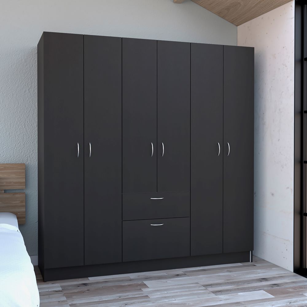 Maya Six Doors Armoire in black wenge finish with one drawer and multiple storage compartments.
