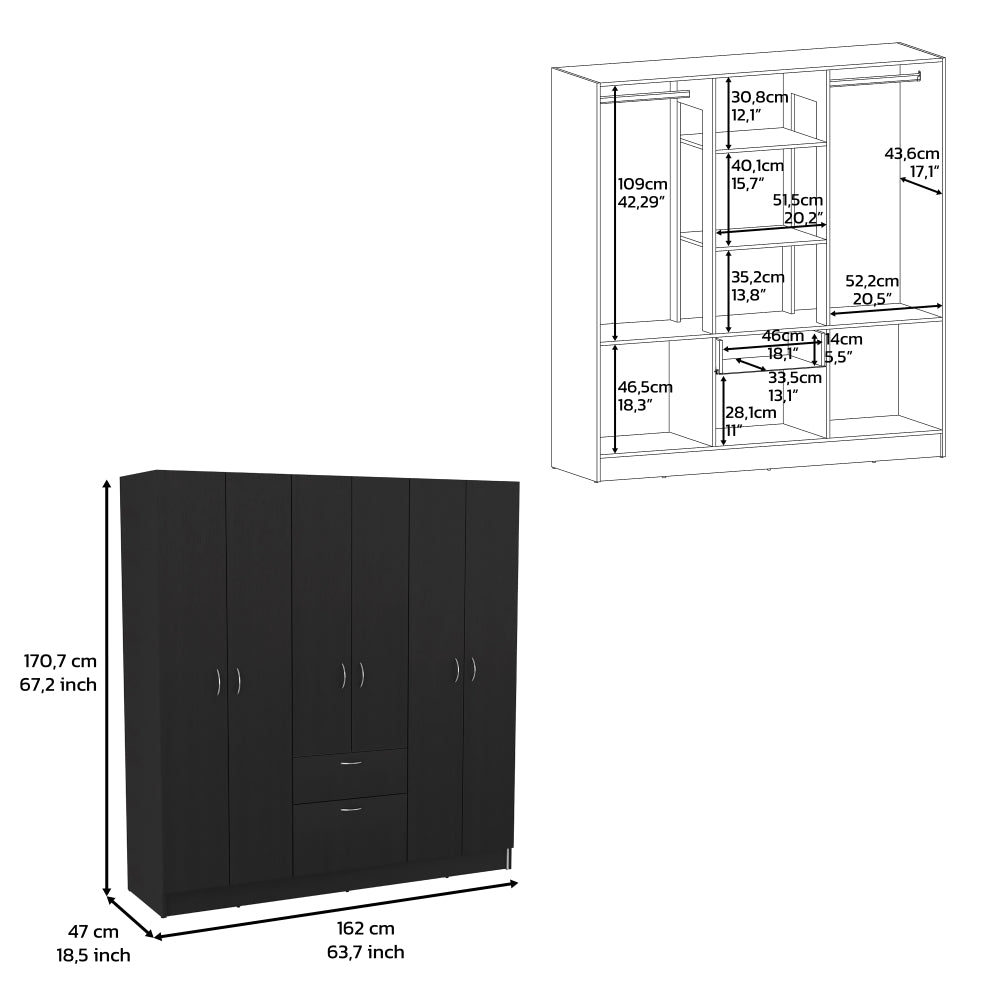 Maya Six Doors Armoire in black wenge finish with one drawer and multiple storage compartments.