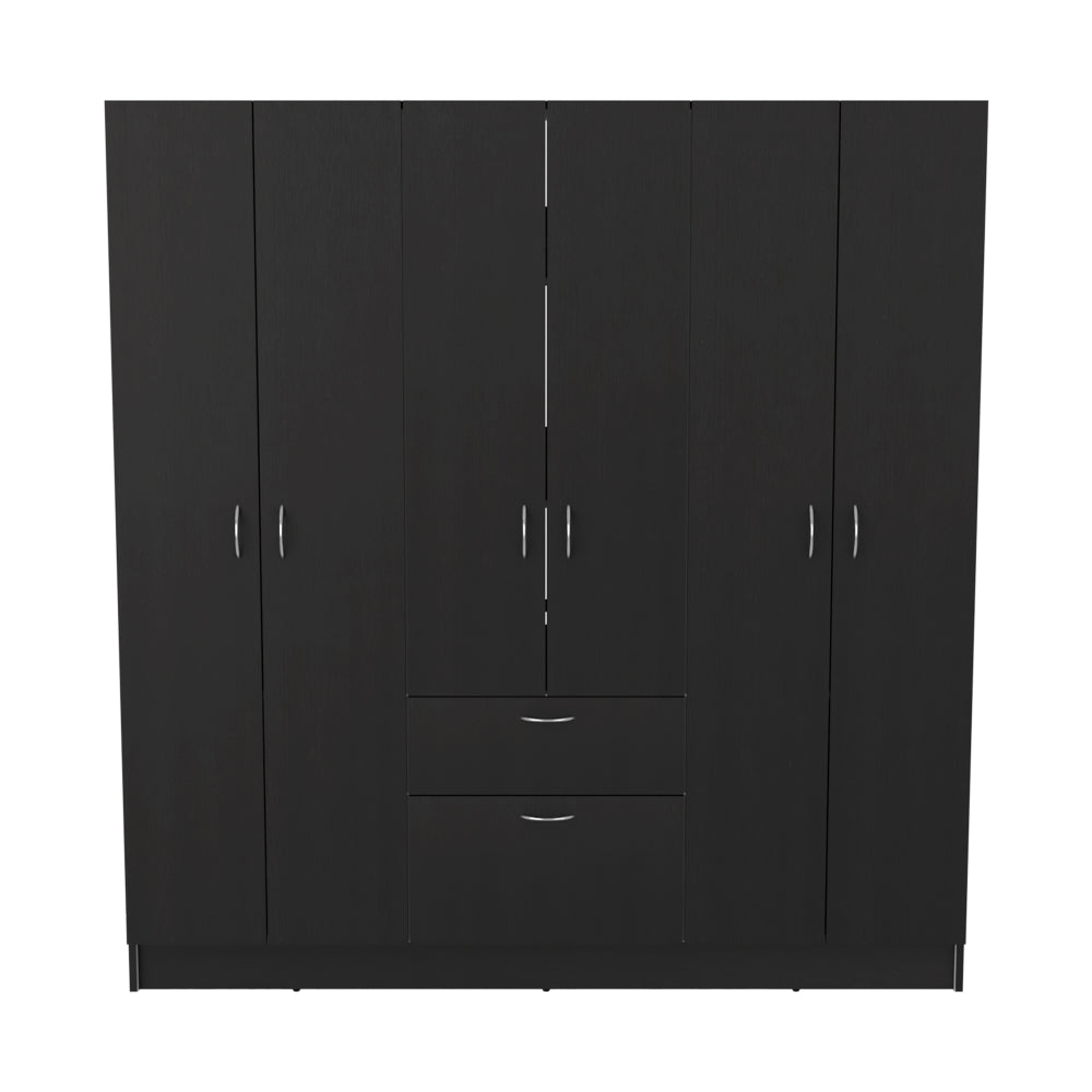 Maya Six Doors Armoire in black wenge finish with one drawer and multiple storage compartments.