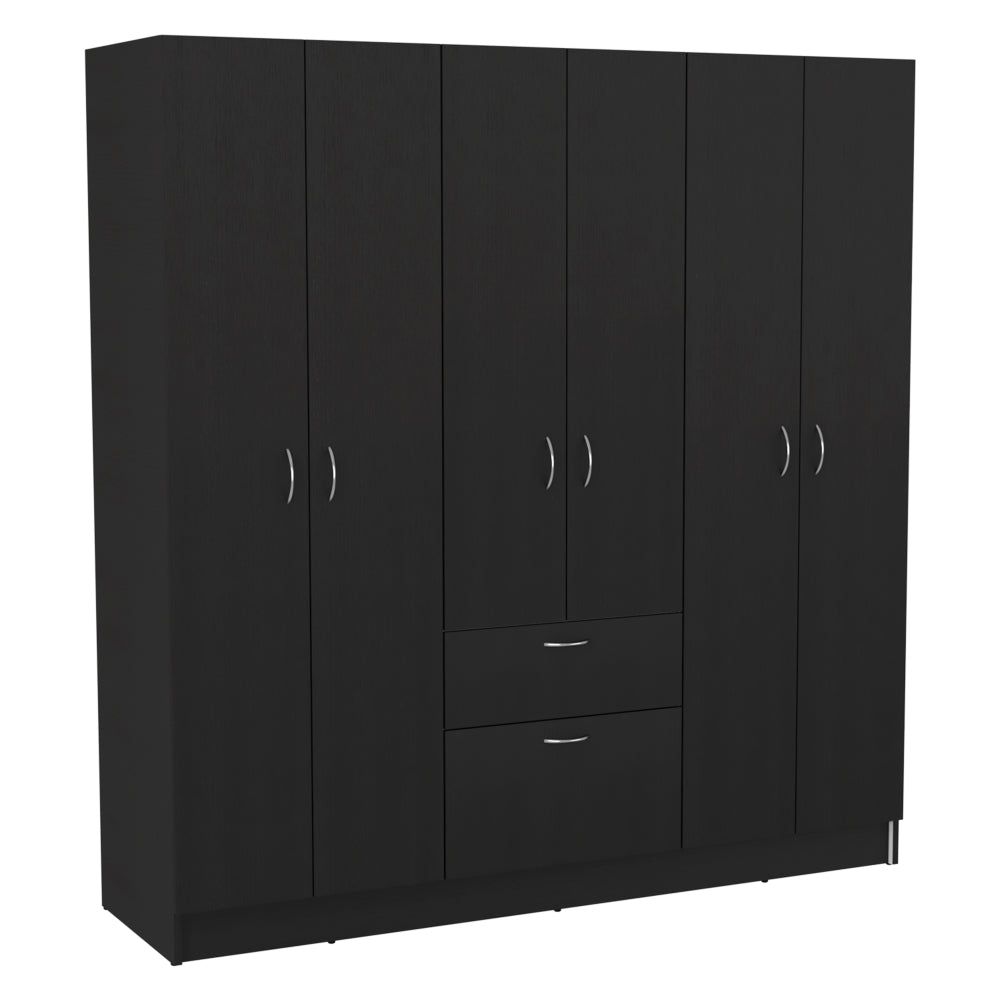 Maya Six Doors Armoire in black wenge finish with one drawer and multiple storage compartments.