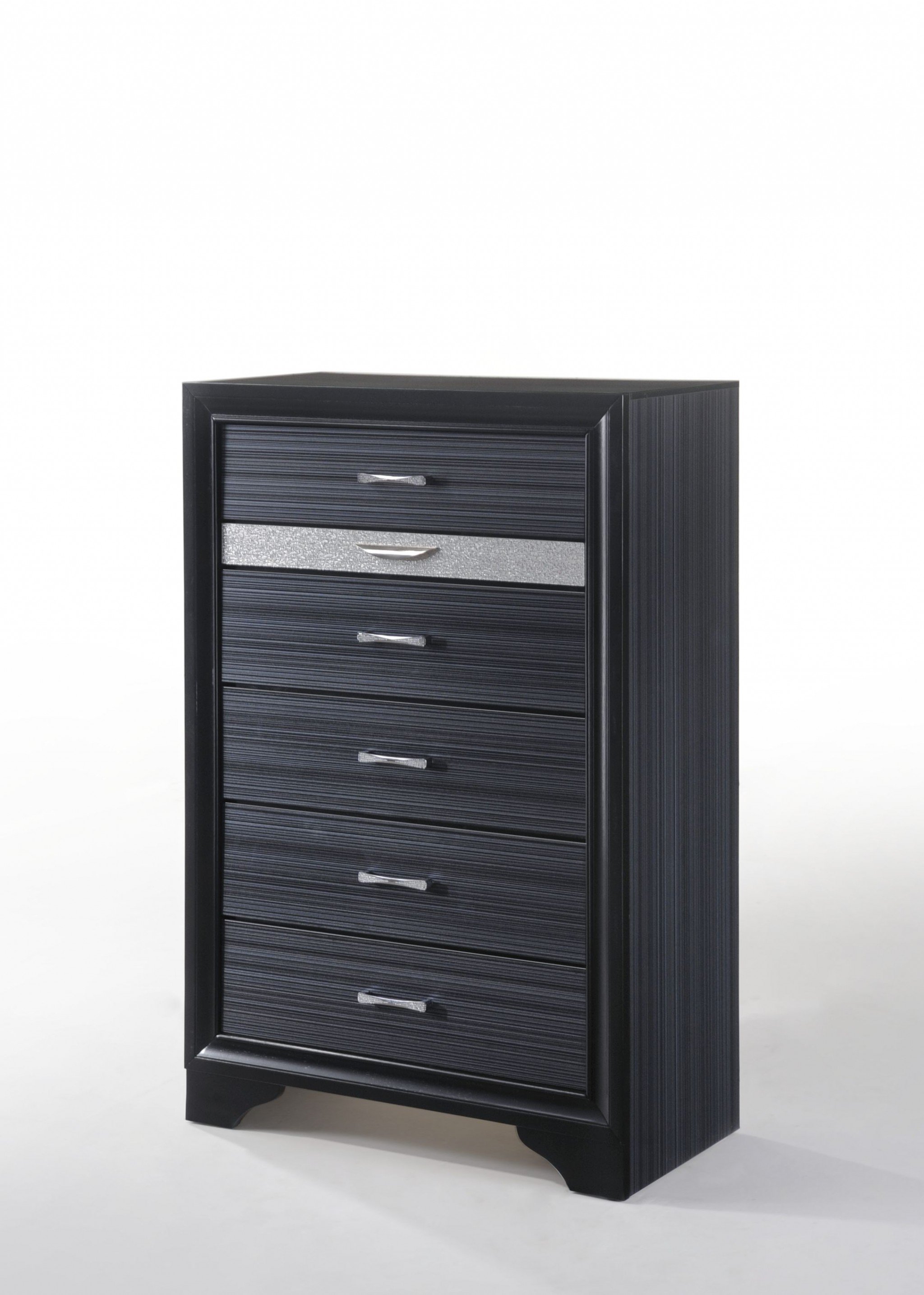 Sleek 51-inch black chest dresser with six drawers, featuring a felt-lined jewelry drawer and crystal-like inserts for an elegant touch.