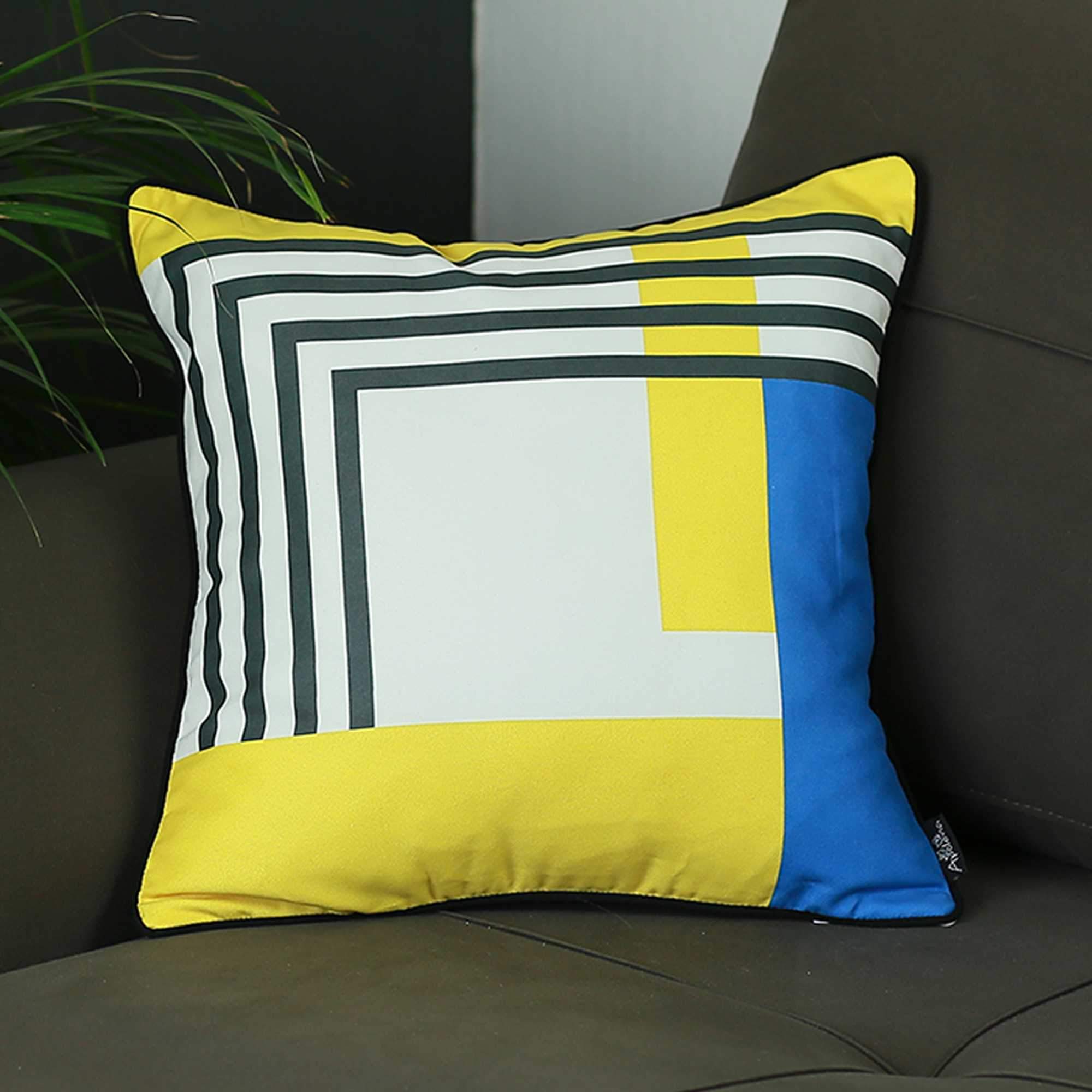 Square Abstract Geo Decorative Throw Pillow Cover featuring vibrant geometric patterns and black piping, made from soft brushed polyester fabric.
