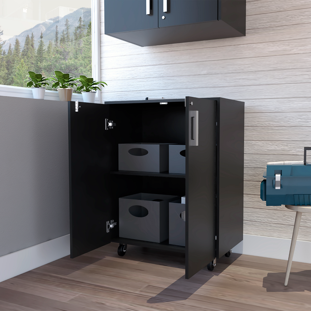 Lions Wall Storage Cabinet in black wengue finish with double doors and casters, showcasing ample storage space and elegant design.