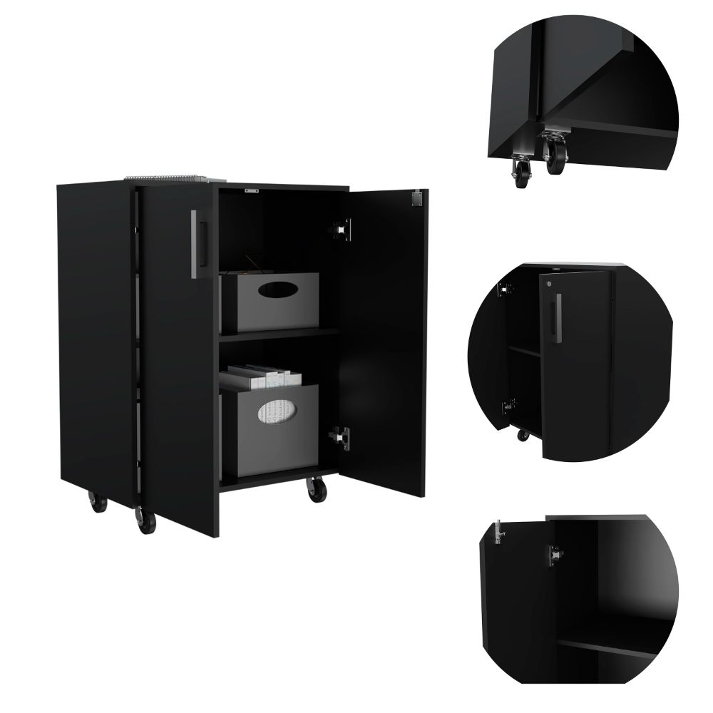 Lions Wall Storage Cabinet in black wengue finish with double doors and casters, showcasing ample storage space and elegant design.