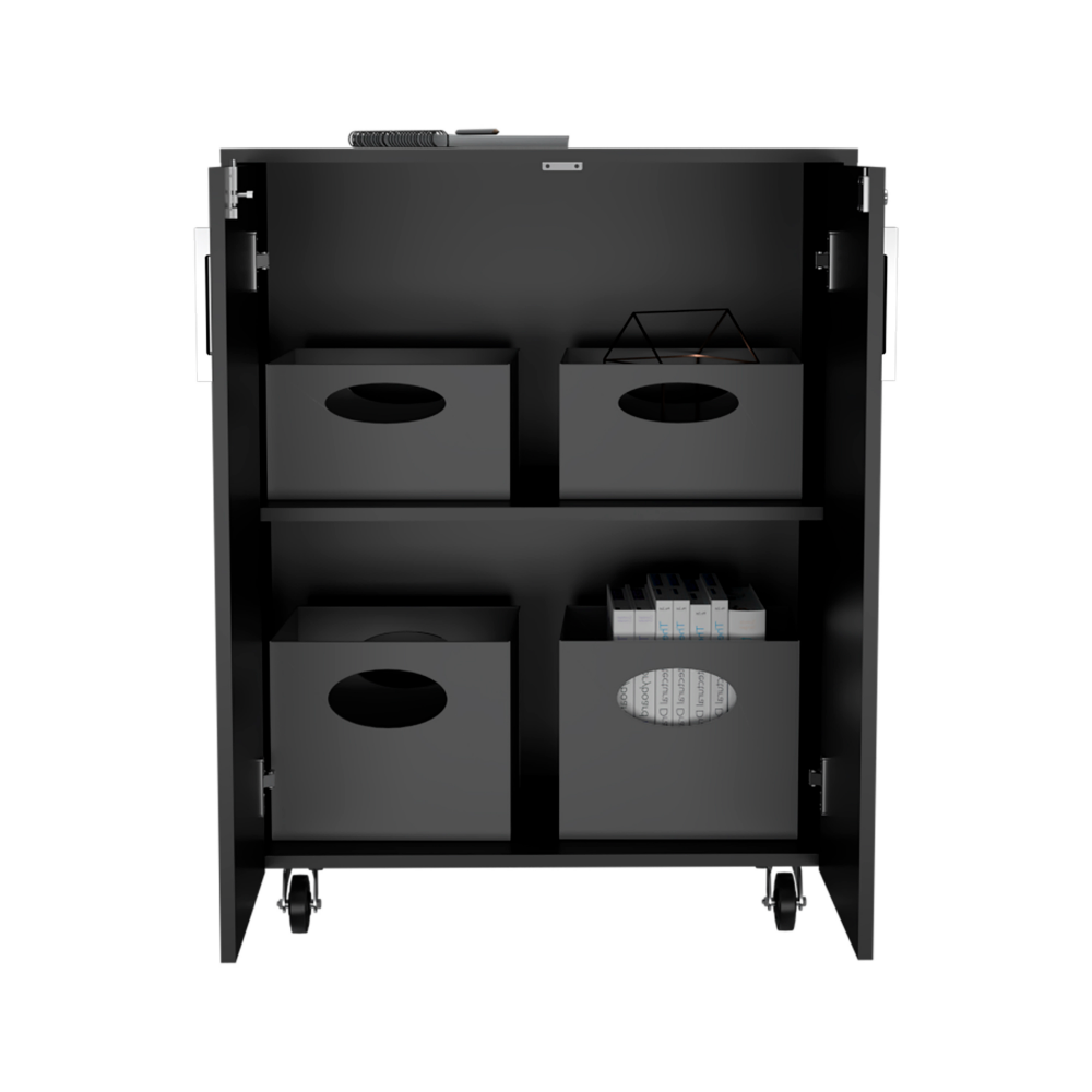Lions Wall Storage Cabinet in black wengue finish with double doors and casters, showcasing ample storage space and elegant design.