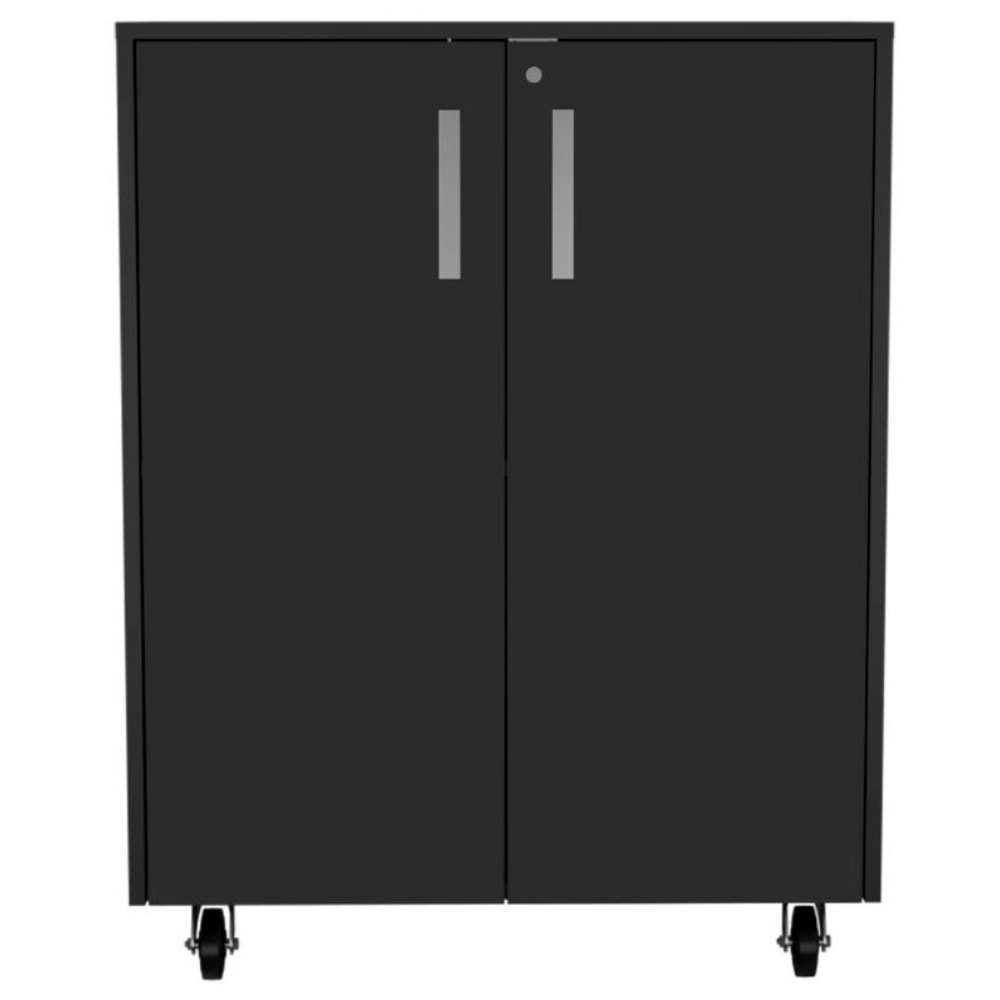 Lions Wall Storage Cabinet in black wengue finish with double doors and casters, showcasing ample storage space and elegant design.
