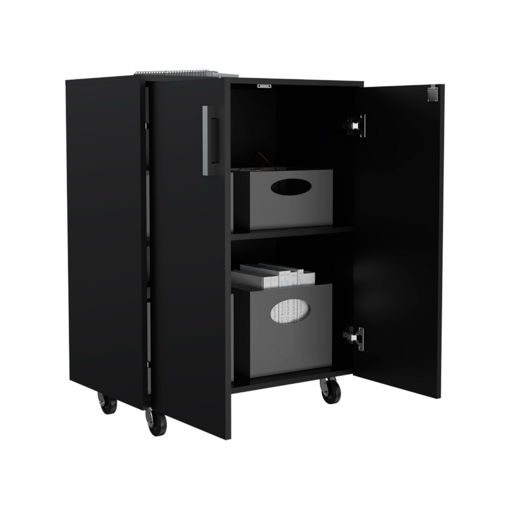 Lions Wall Storage Cabinet in black wengue finish with double doors and casters, showcasing ample storage space and elegant design.