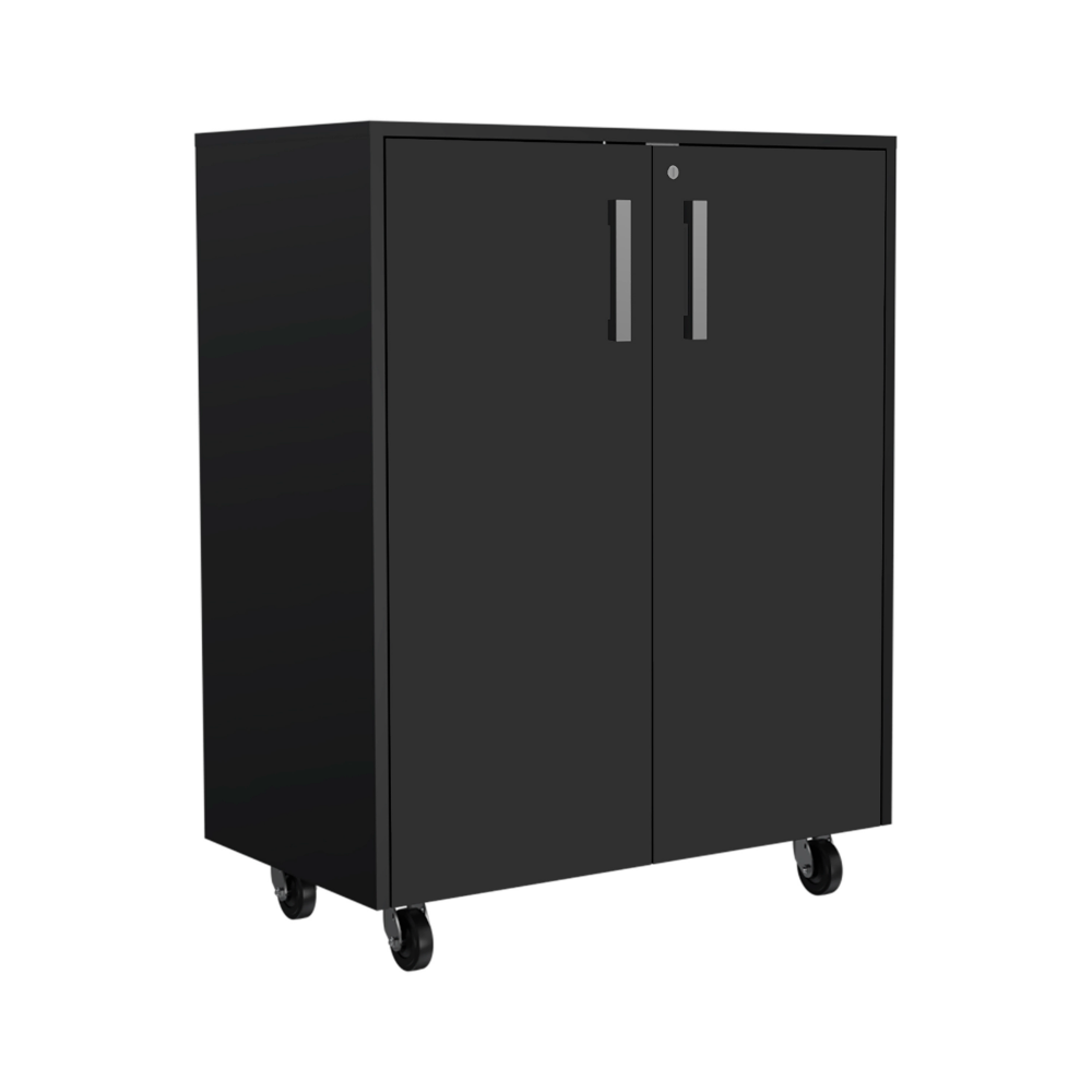 Lions Wall Storage Cabinet in black wengue finish with double doors and casters, showcasing ample storage space and elegant design.