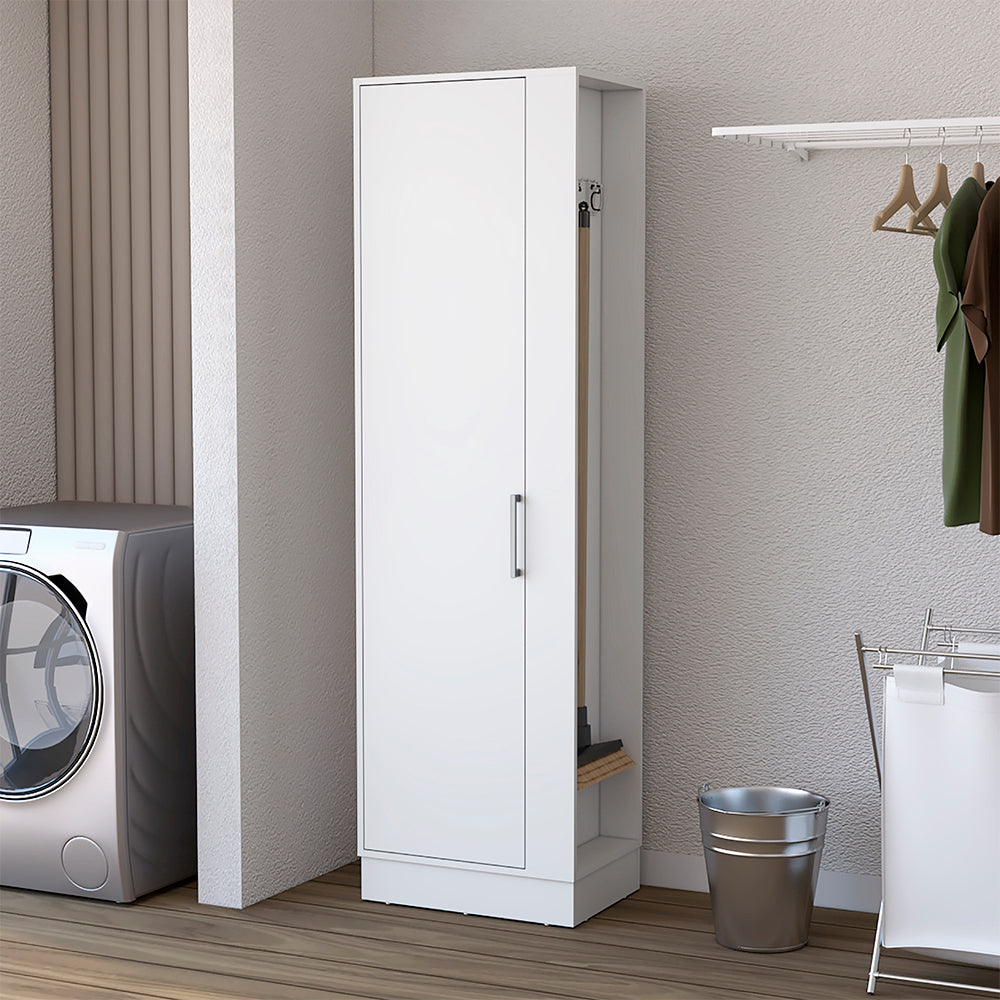 Manika Storage Cabinet in white finish with one door and shelves, ideal for organizing essentials in kitchen, bathroom, or bedroom.