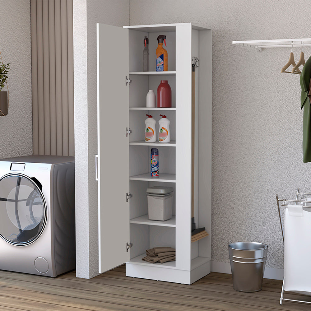 Manika Storage Cabinet in white finish with one door and shelves, ideal for organizing essentials in kitchen, bathroom, or bedroom.
