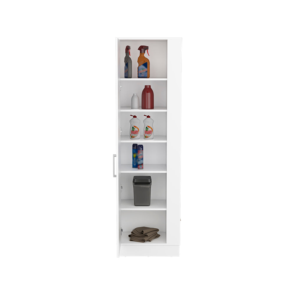 Manika Storage Cabinet in white finish with one door and shelves, ideal for organizing essentials in kitchen, bathroom, or bedroom.