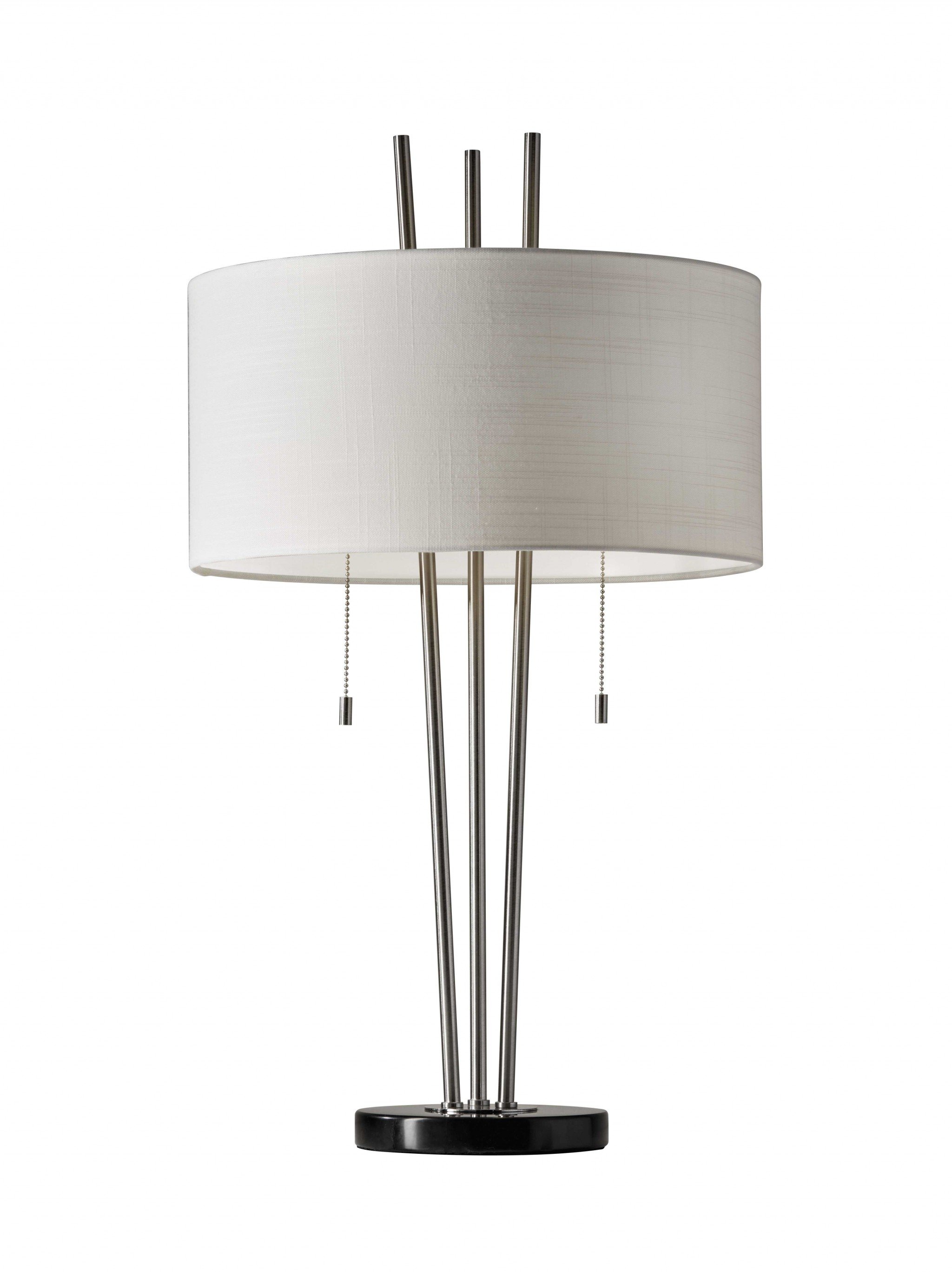 Stylish Triple Pole Brushed Steel Metal Table Lamp with textured white fabric shade and black marble base.