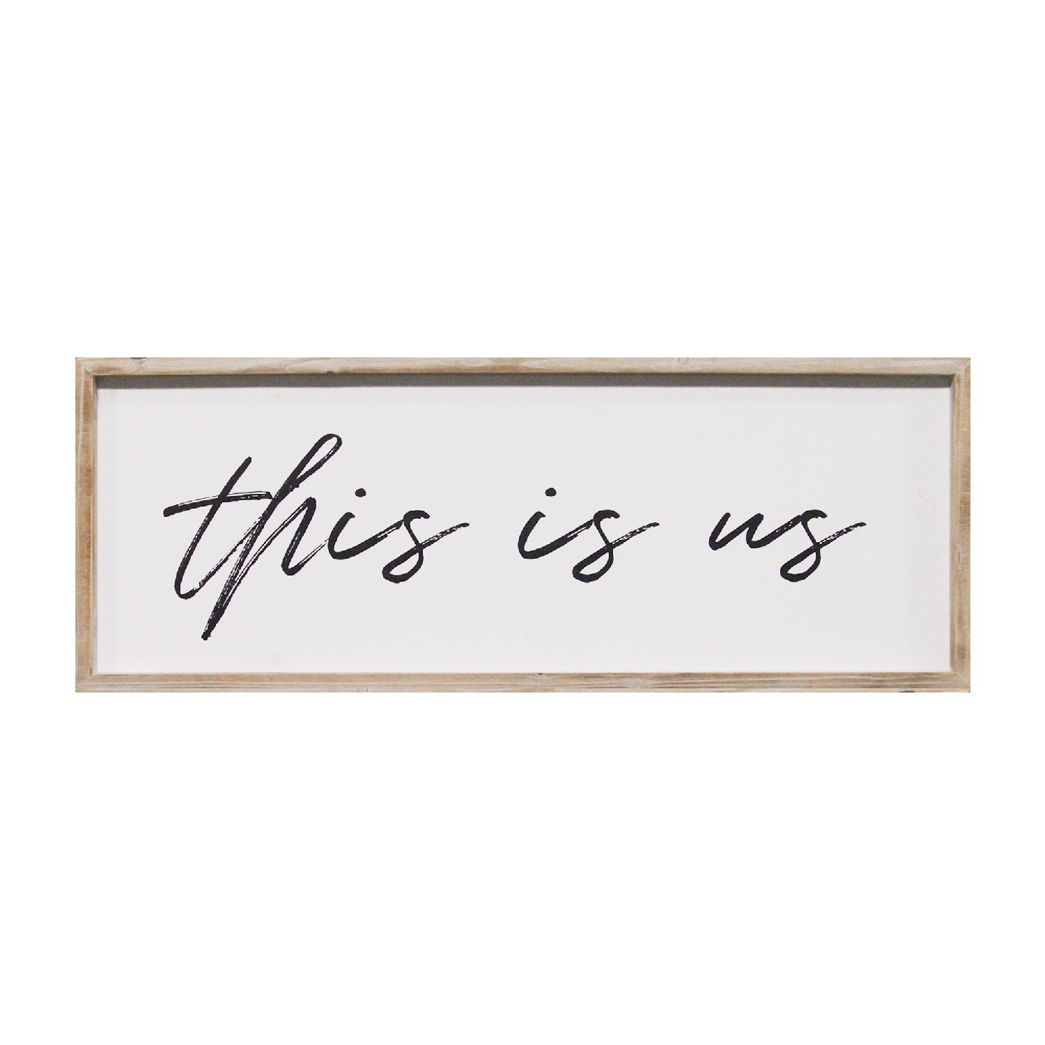 Handcrafted 'This Is Us' wood framed wall art in black script font, showcasing family pride with a natural wood frame.