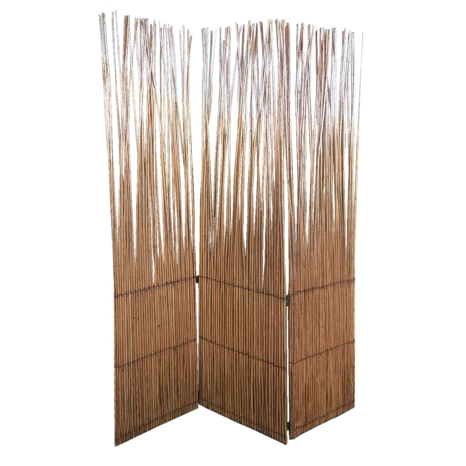 Three Panel Natural Willow Room Divider Screen showcasing its elegant white finish and natural willow texture, perfect for stylishly dividing spaces.