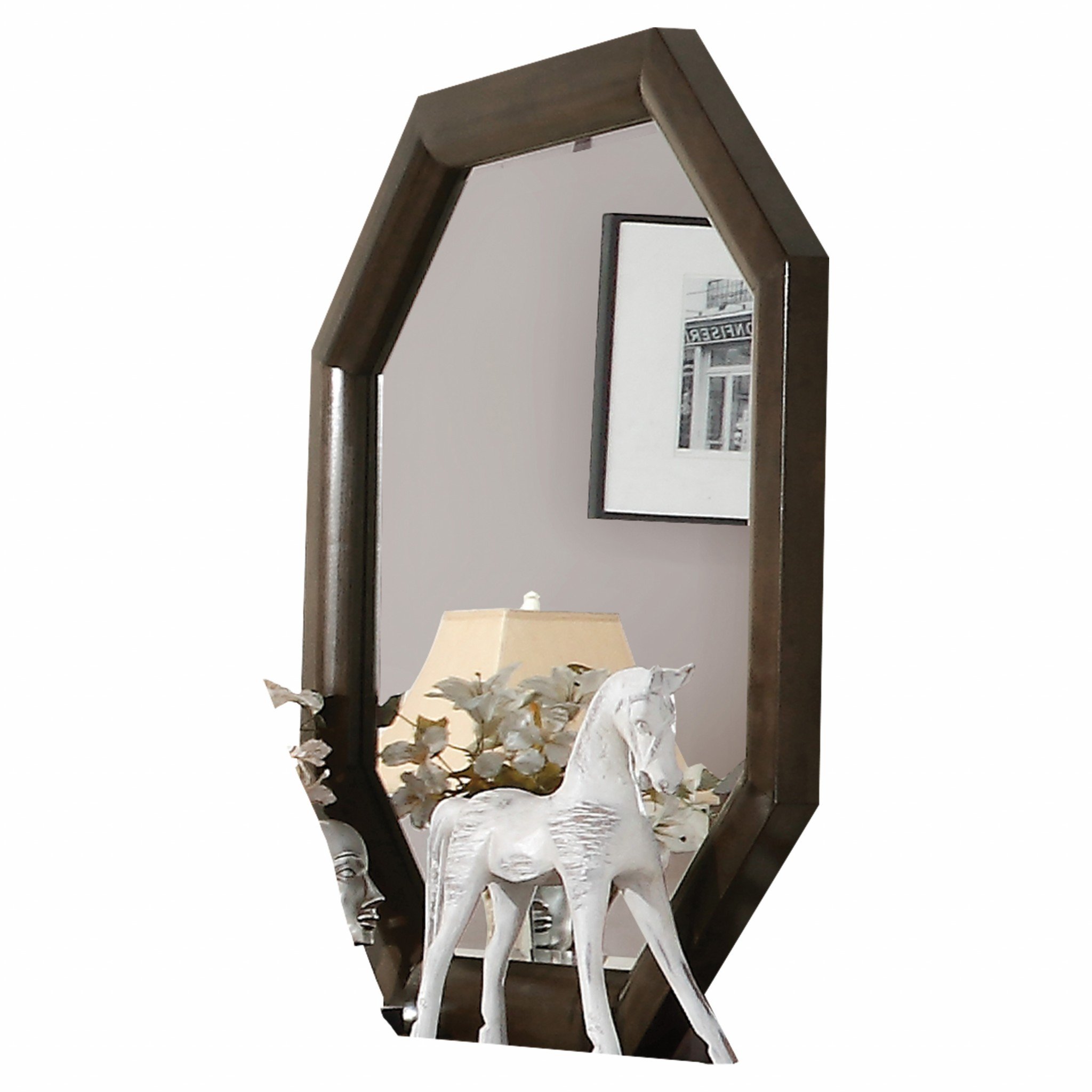 Tobacco wood finish octagonal frame wall mirror showcasing elegant design and craftsmanship.