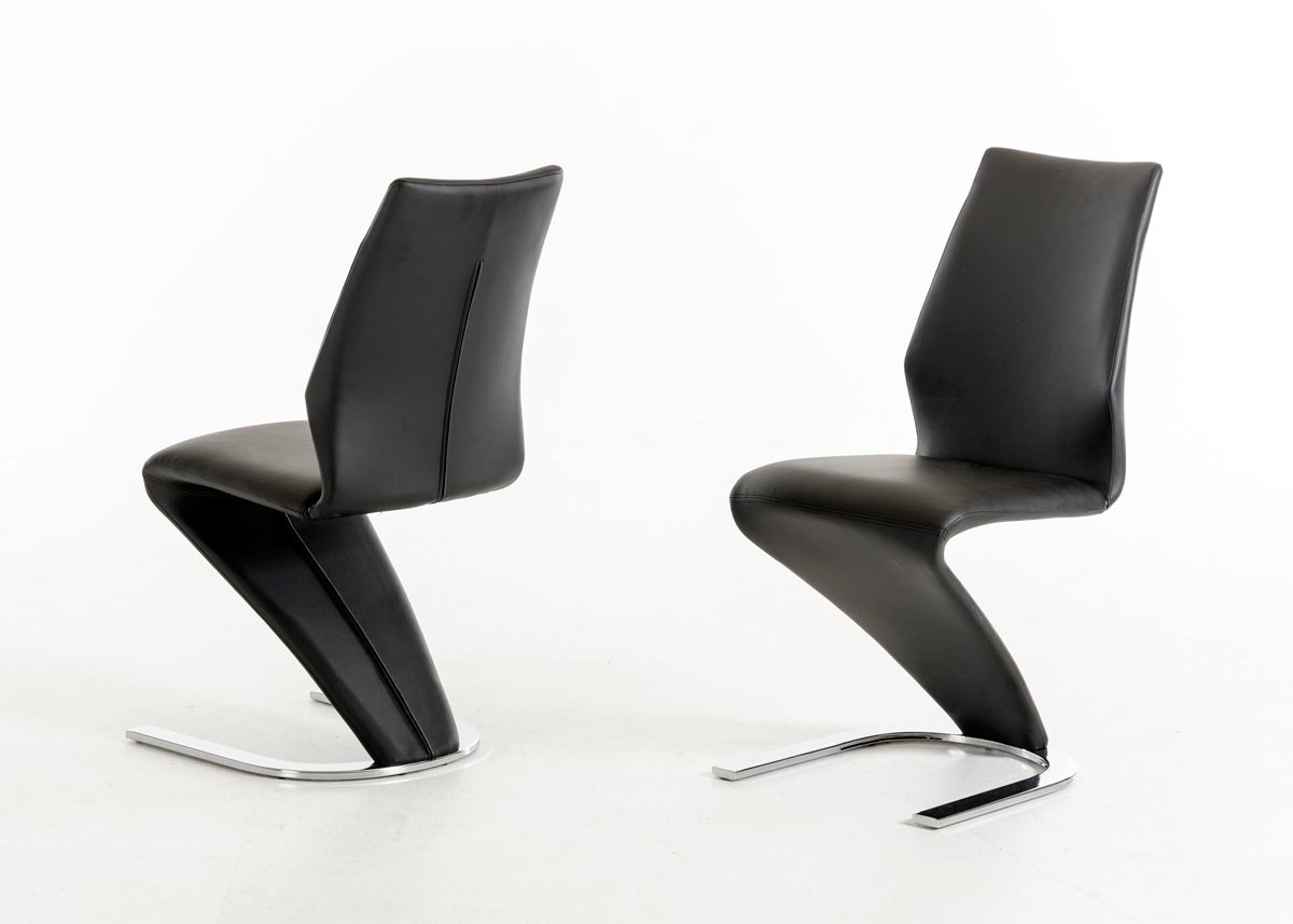 Two elegant black leatherette dining chairs with steel frames, showcasing a modern design suitable for any dining area.