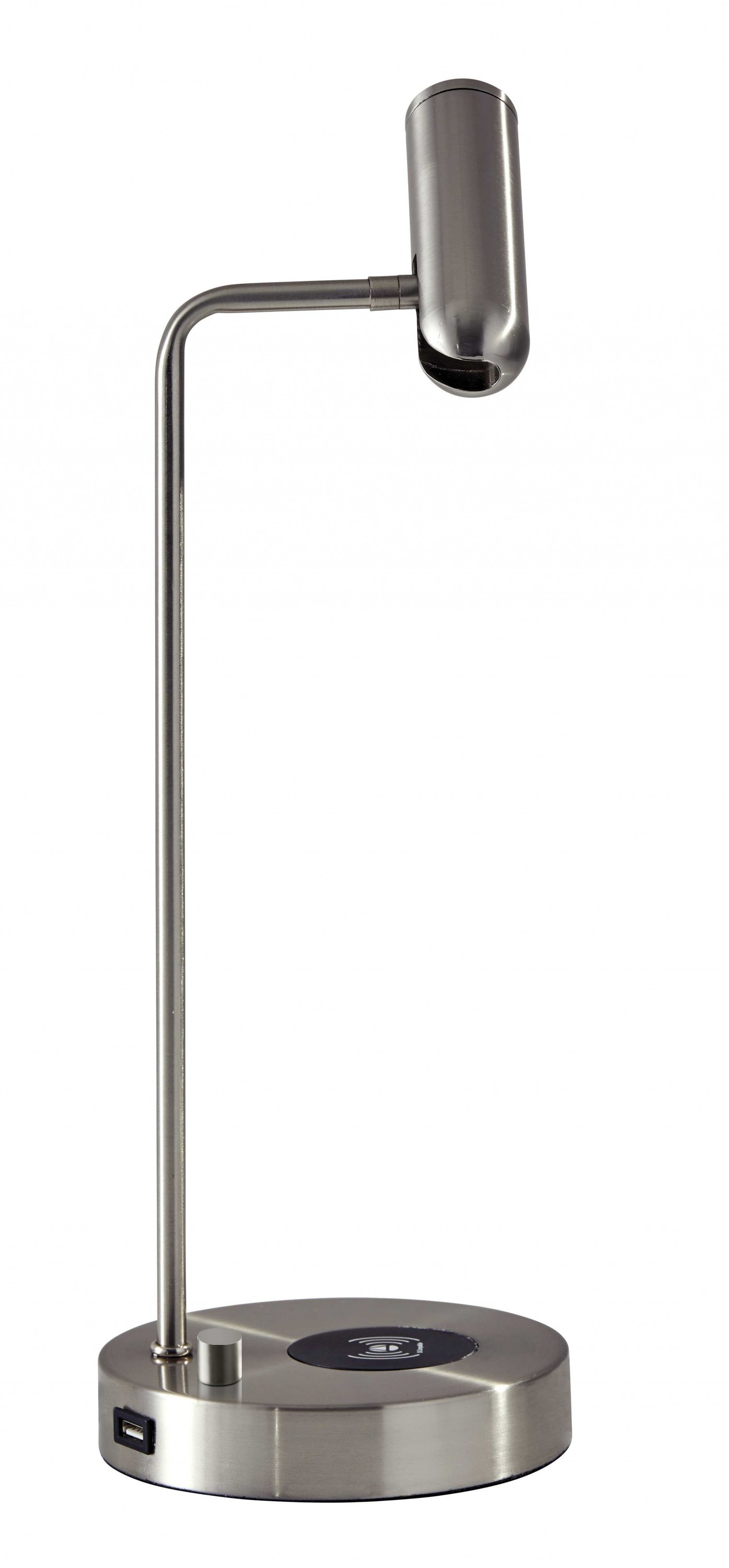 Ultra Sleek Brushed Steel Metal LED Desk Lamp with wireless charging pad and adjustable light features, perfect for modern workspaces.
