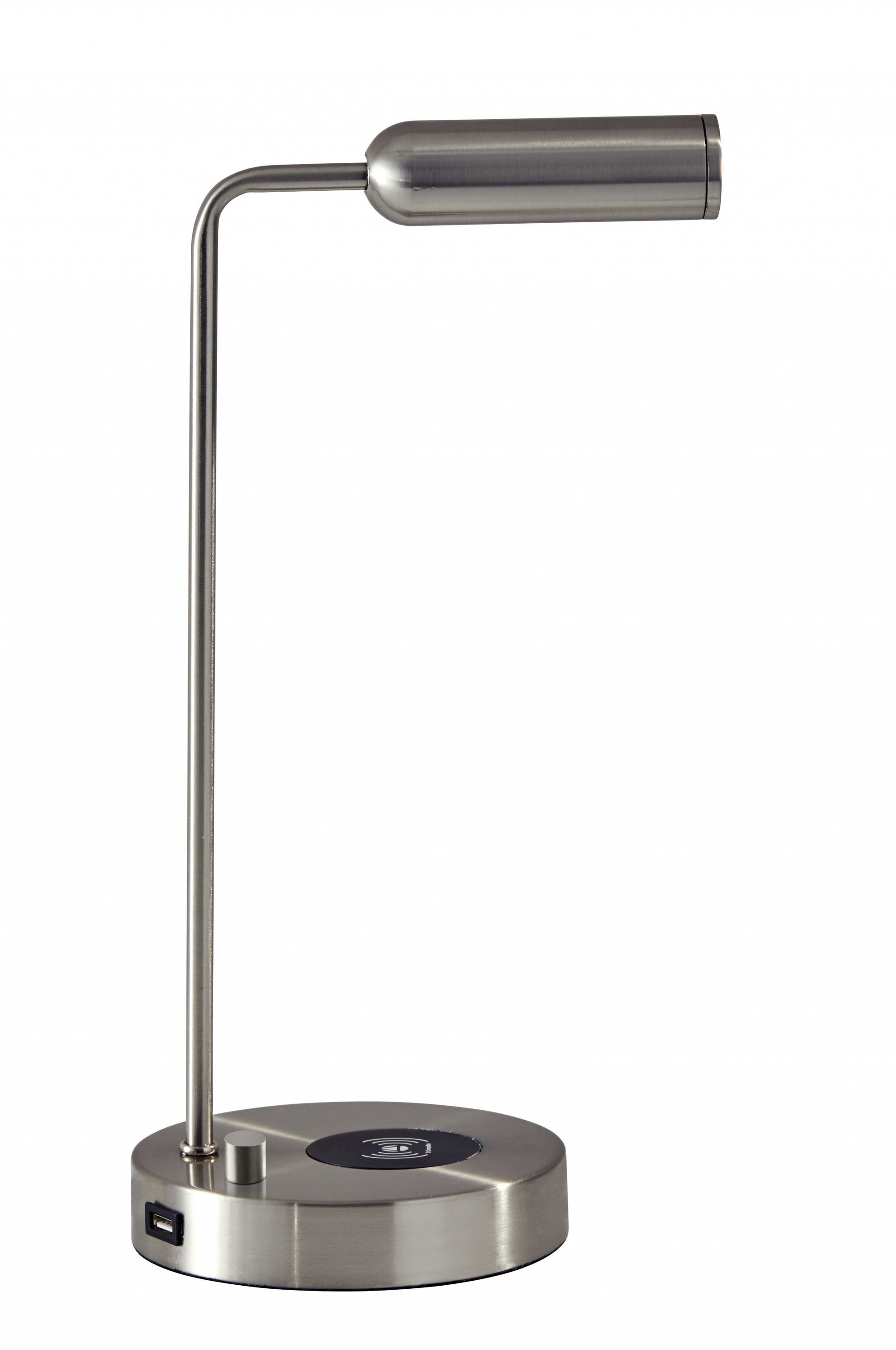 Ultra Sleek Brushed Steel Metal LED Desk Lamp with wireless charging pad and adjustable light features, perfect for modern workspaces.