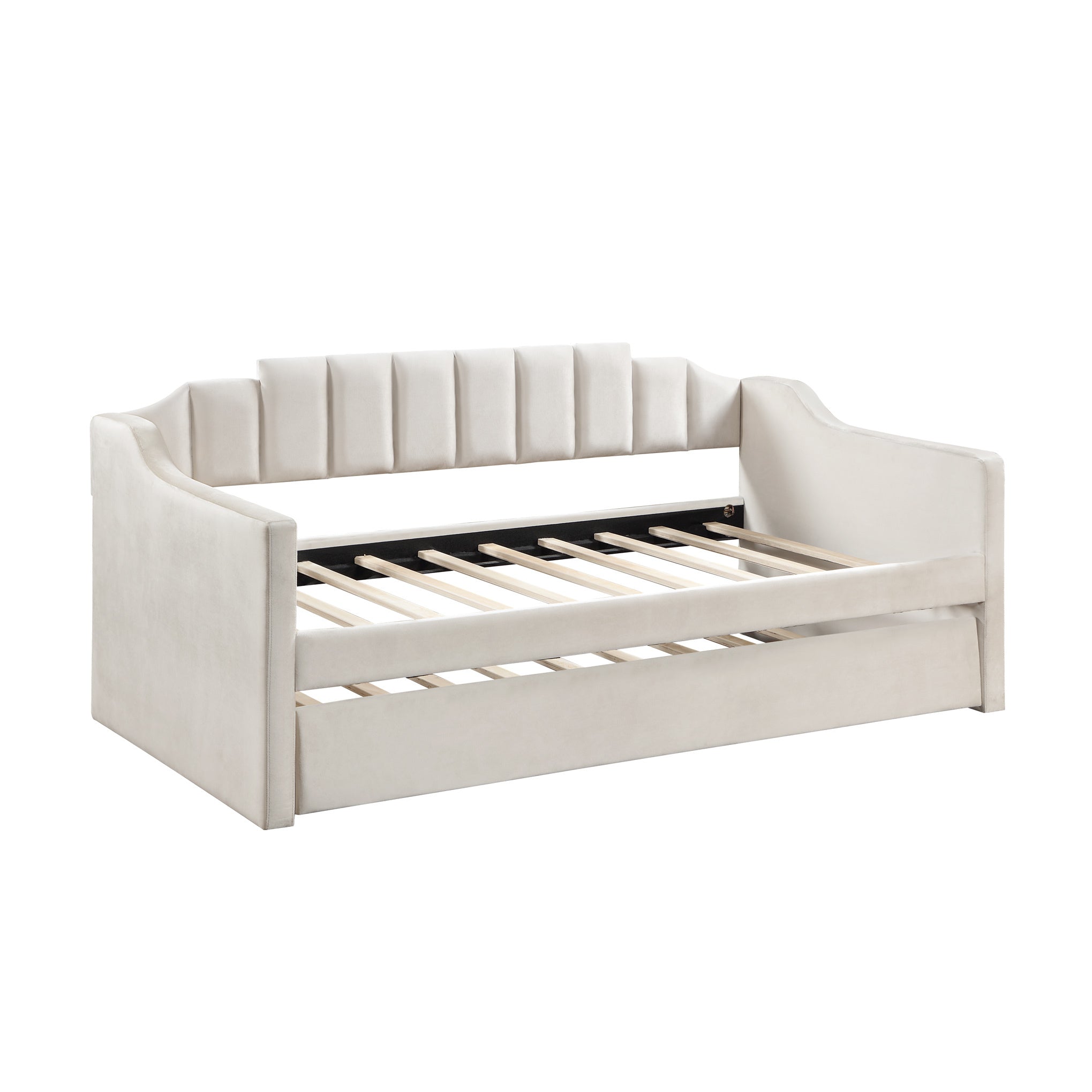 Velvet daybed with trundle in beige upholstery, featuring tufted design and solid wood frame, perfect for small spaces.
