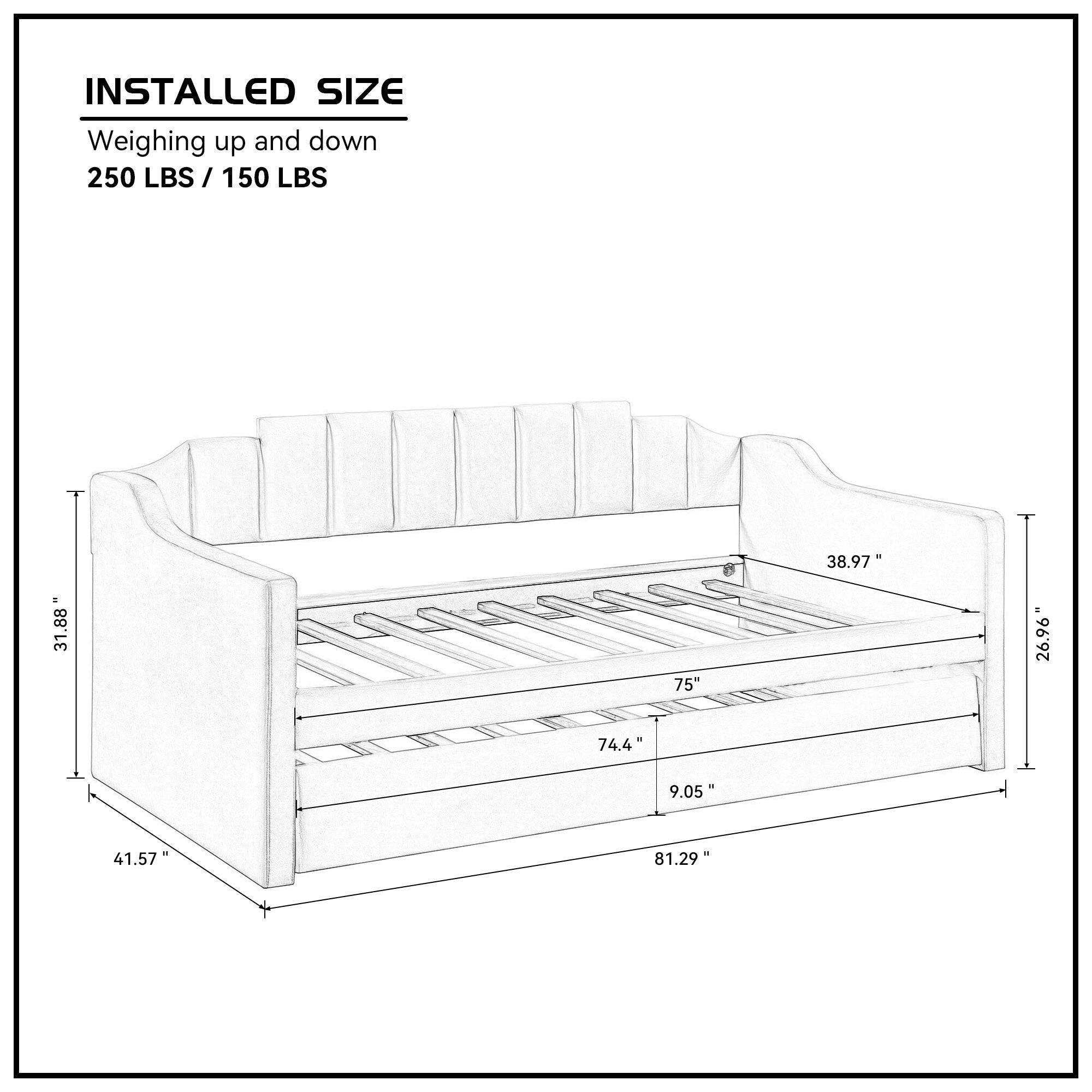 Velvet daybed with trundle in beige upholstery, featuring tufted design and solid wood frame, perfect for small spaces.