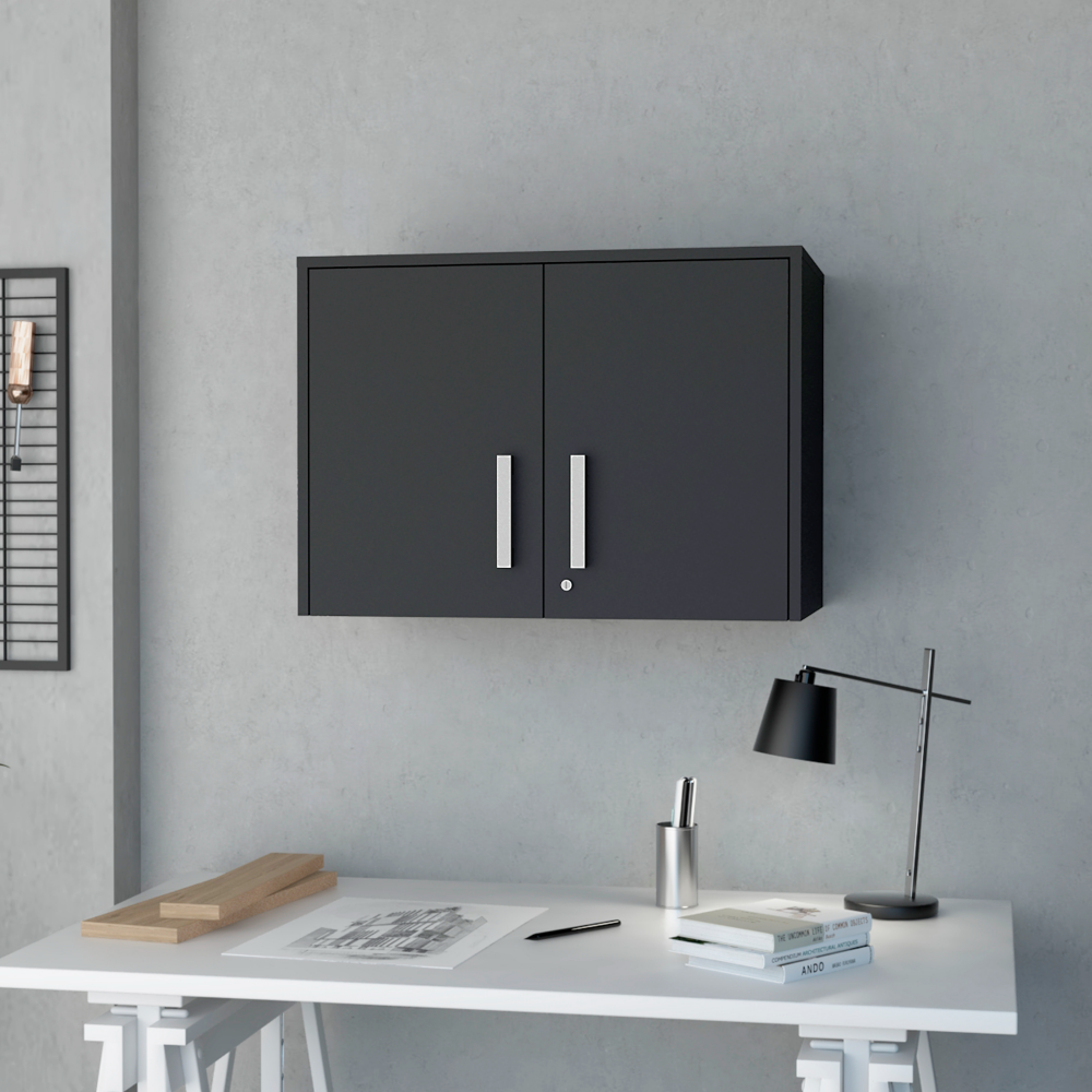 Lions Wall Storage Cabinet in Black Wengue finish with three shelves and double doors, ideal for office organization.