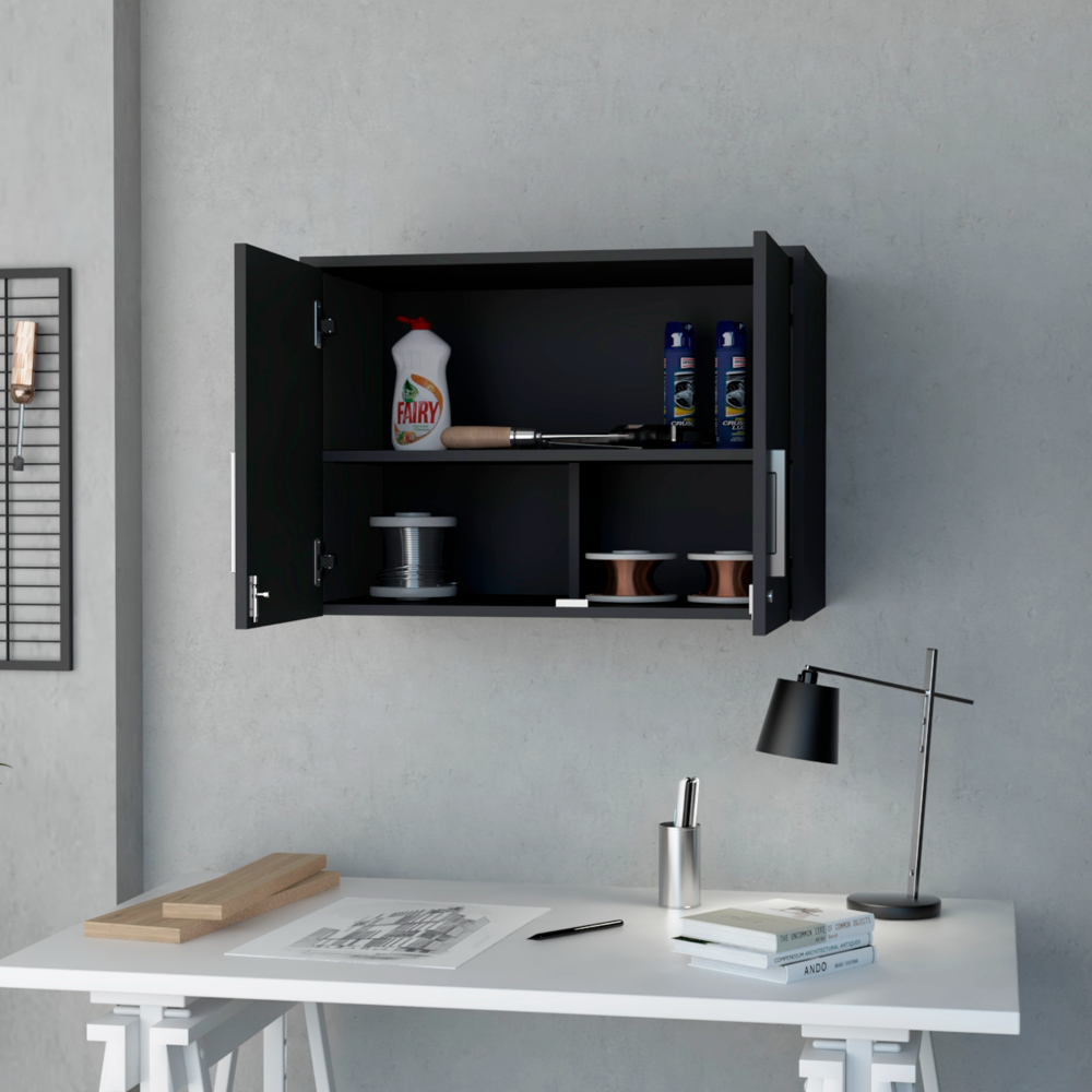 Lions Wall Storage Cabinet in Black Wengue finish with three shelves and double doors, ideal for office organization.